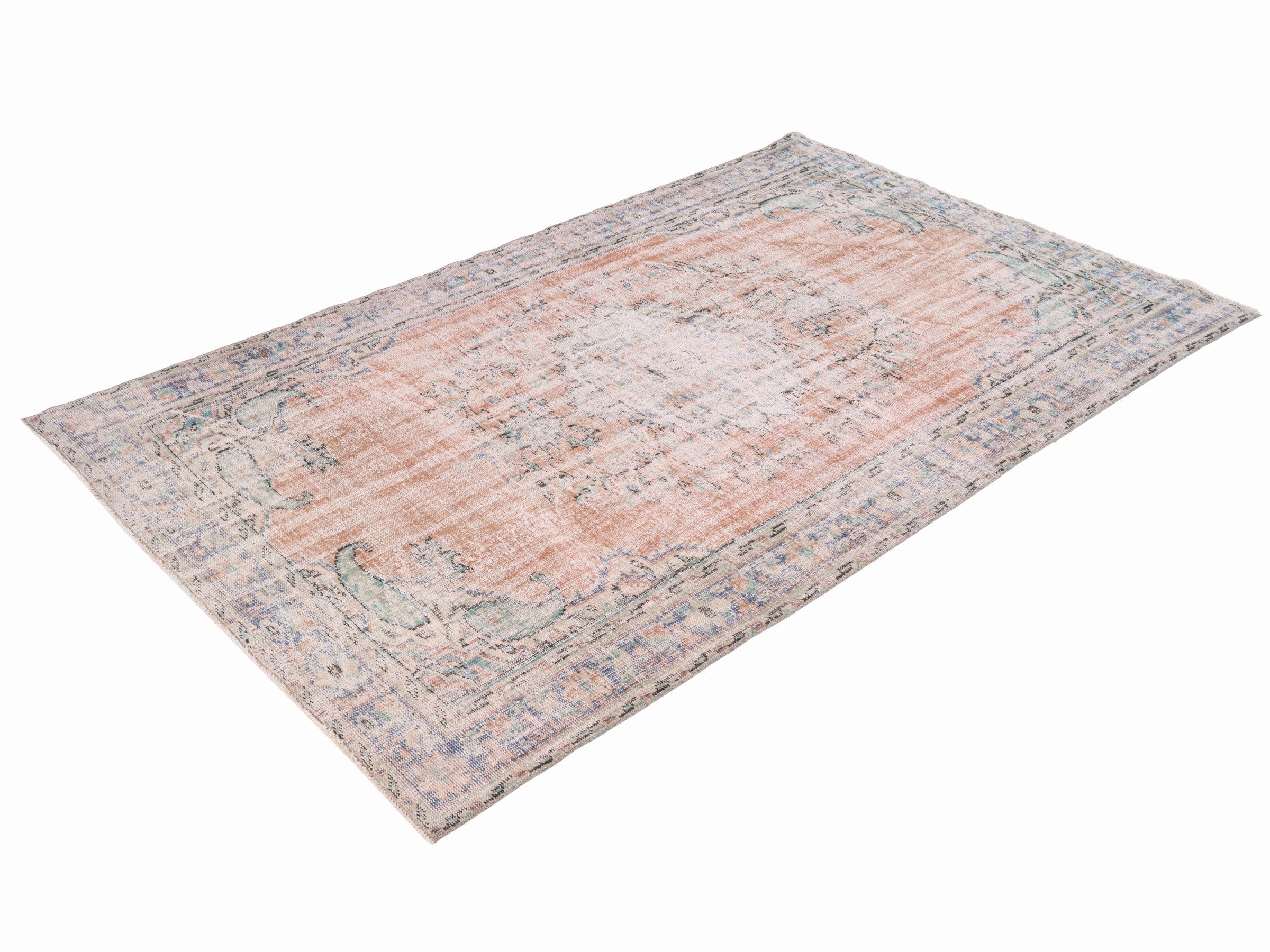 Turkish Manisa area rug in terracotta and dusty blue, view 3 of 10
