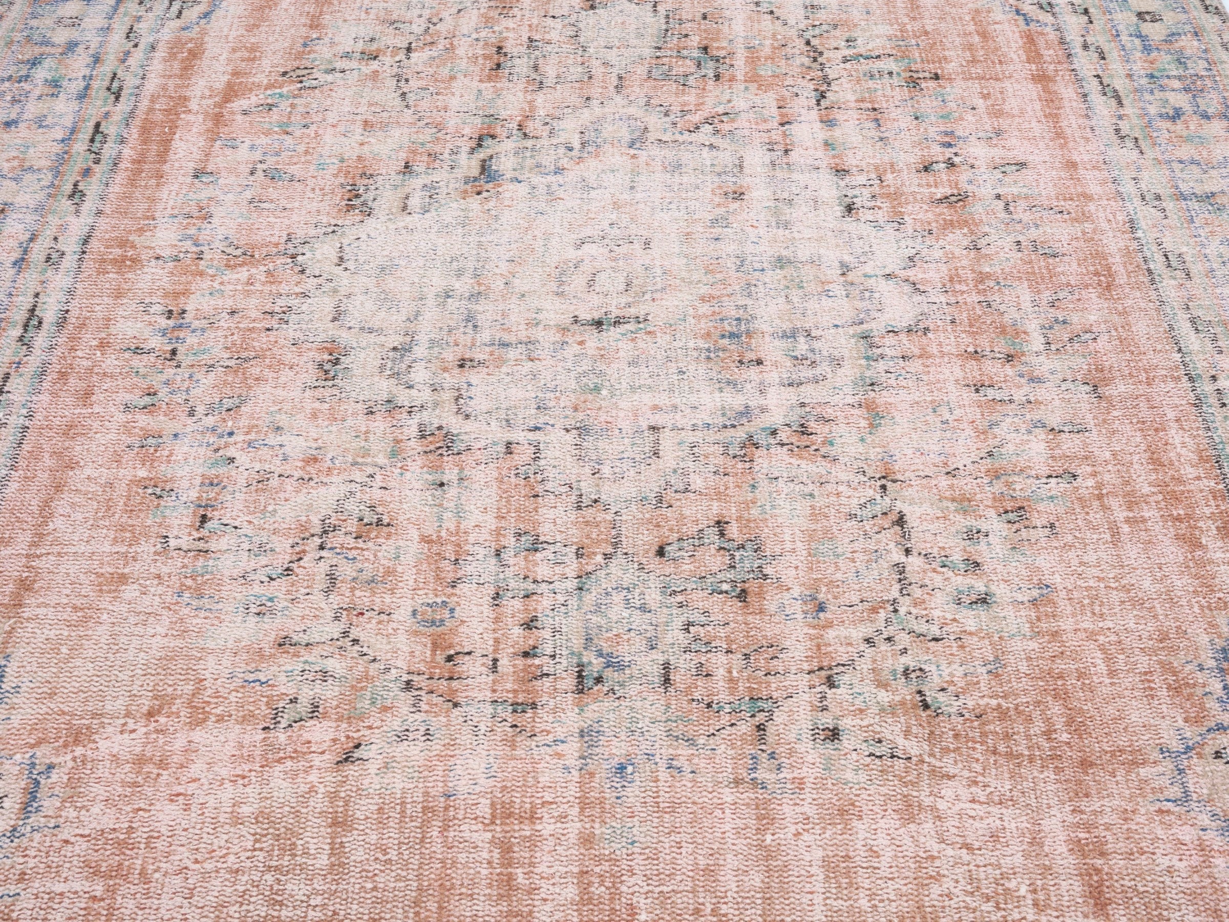 Turkish Manisa area rug in terracotta and dusty blue, view 4 of 10