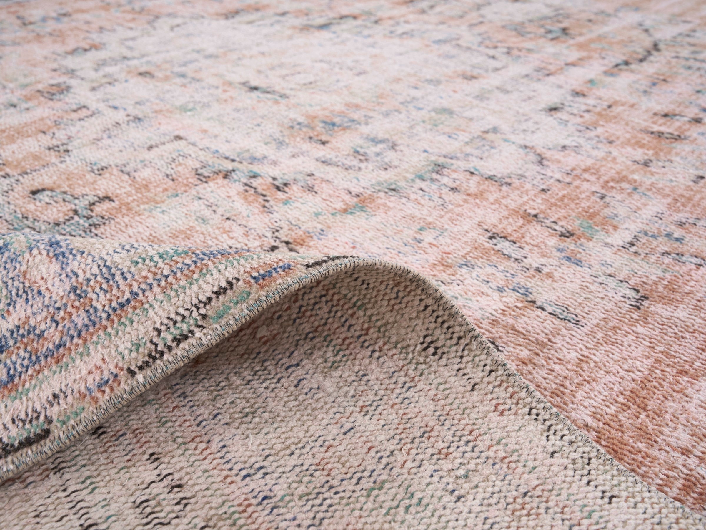 Turkish Manisa area rug in terracotta and dusty blue, view 9 of 10