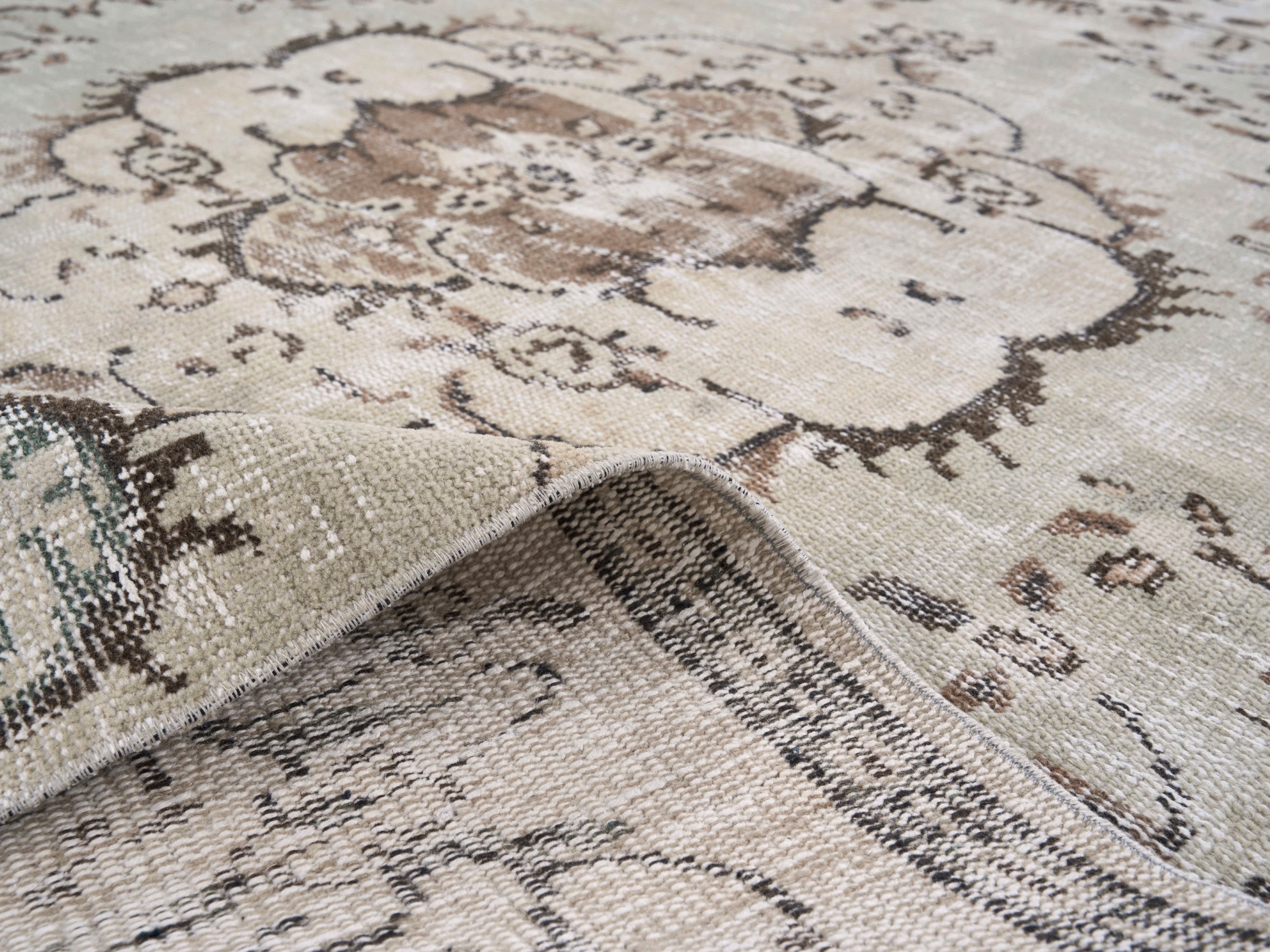 Turkish Manisa area rug in cream and tan, view 9 of 10