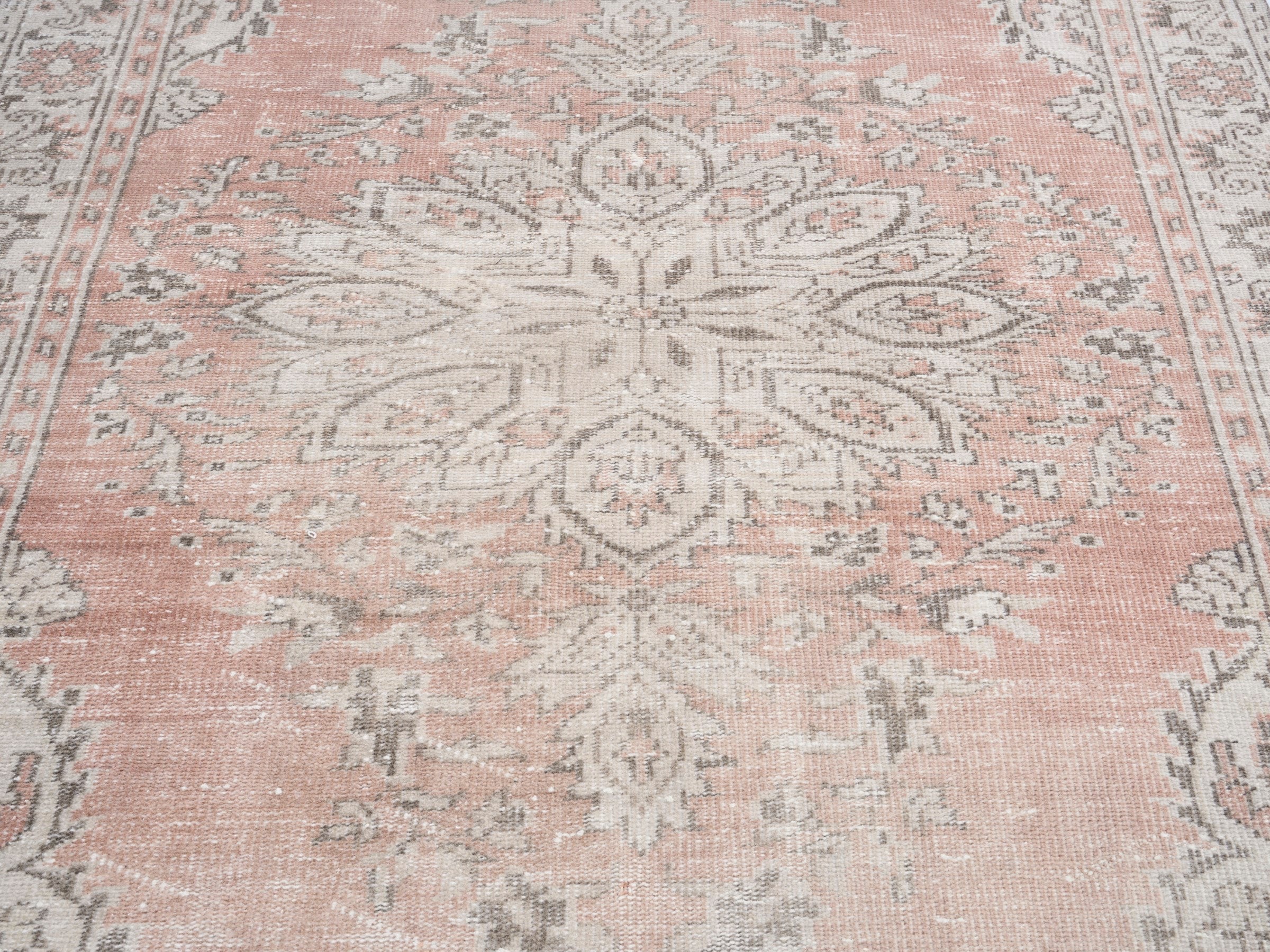 Turkish Manisa area rug in muted pink and greige, view 4 of 10