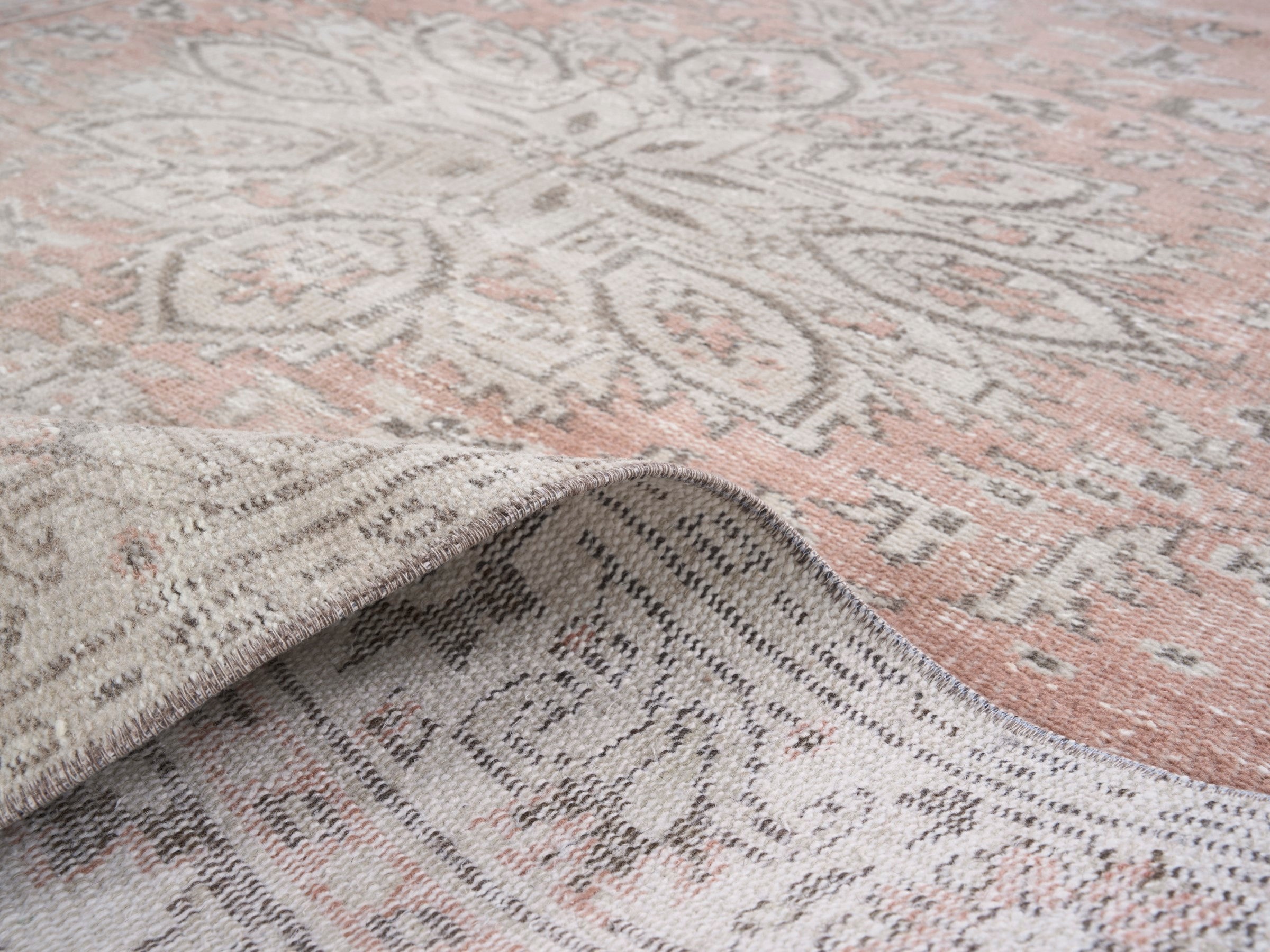 Turkish Manisa area rug in muted pink and greige, view 9 of 10
