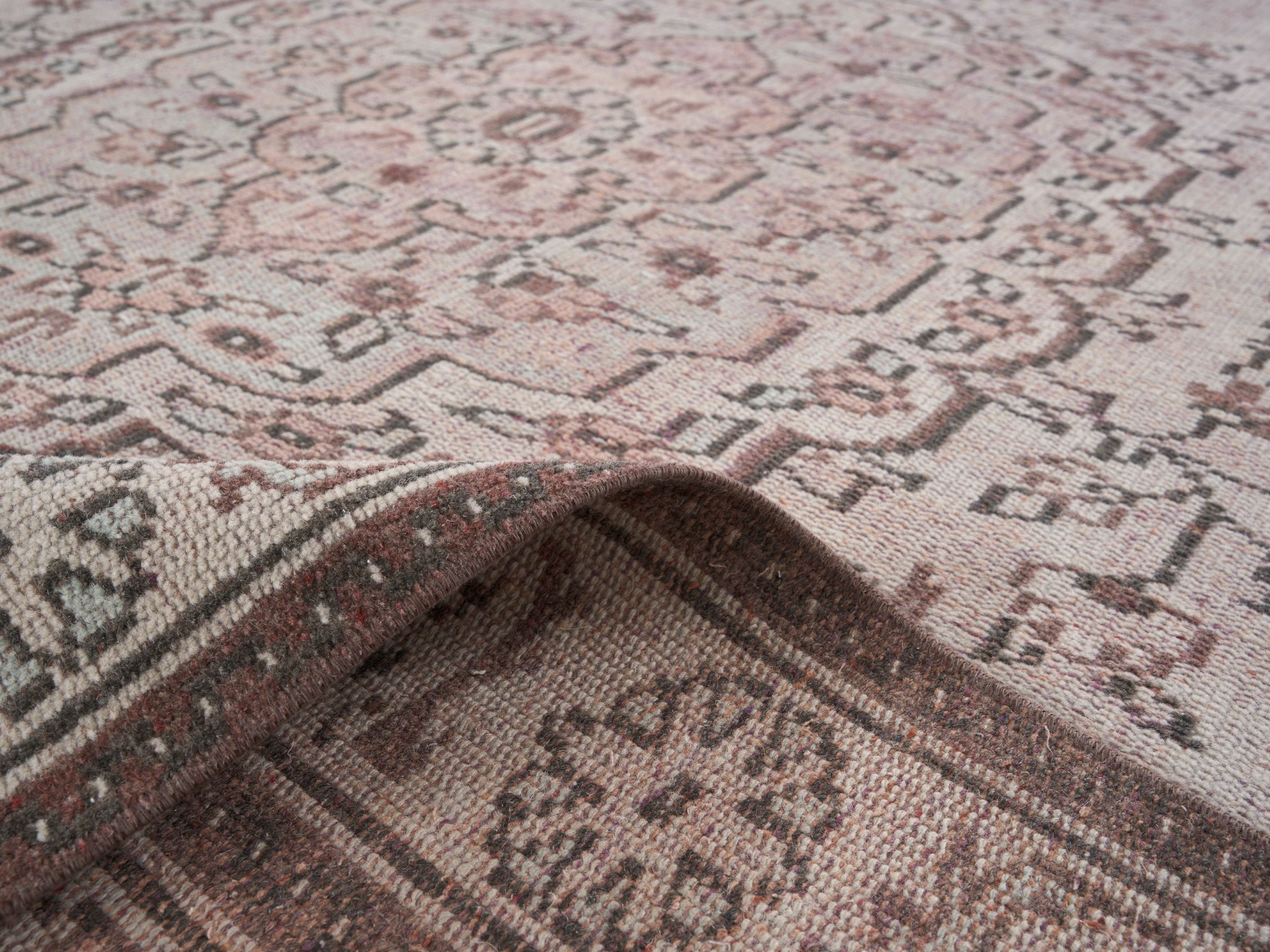 Turkish Manisa area rug in greige and dusty rose, view 9 of 10