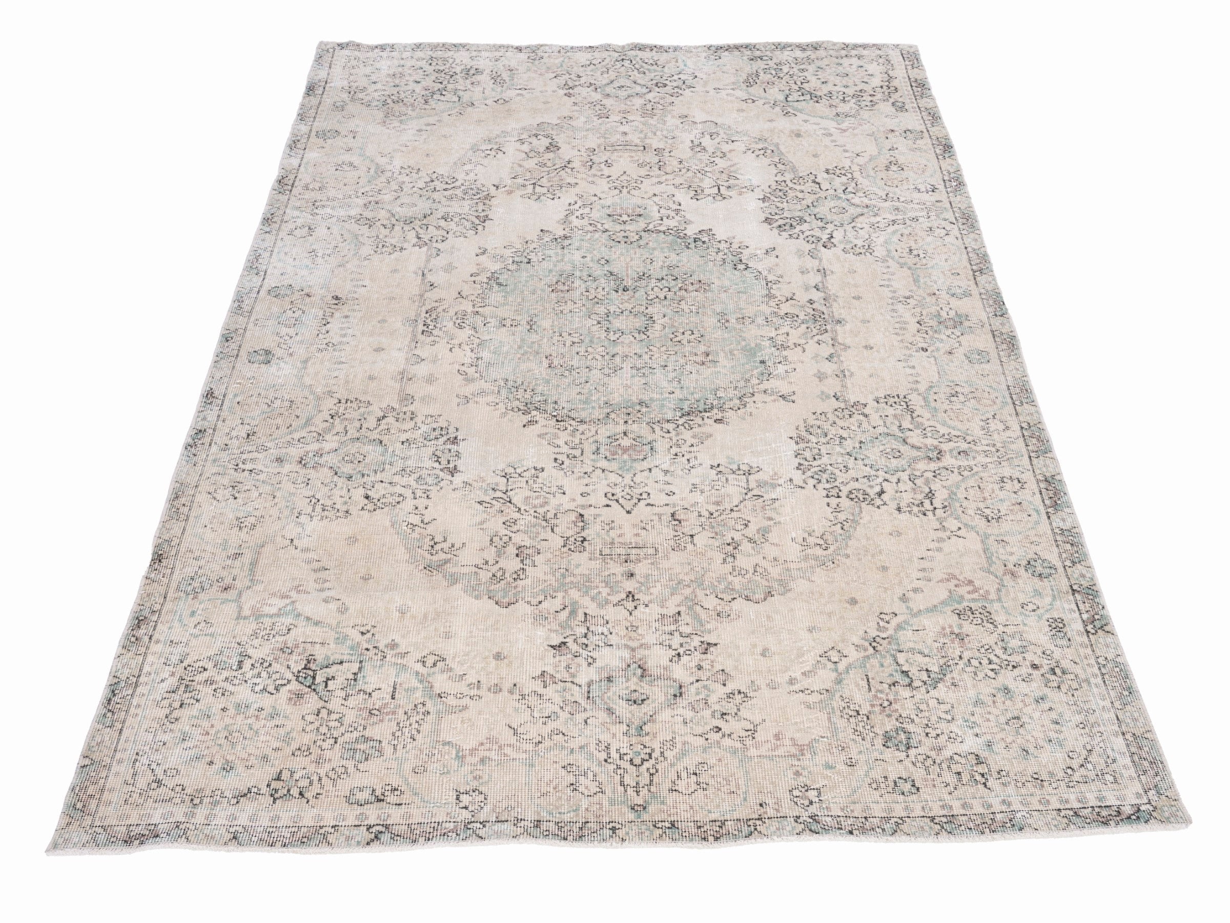 Turkish Isparta area rug in ivory and sage, view 2 of 10
