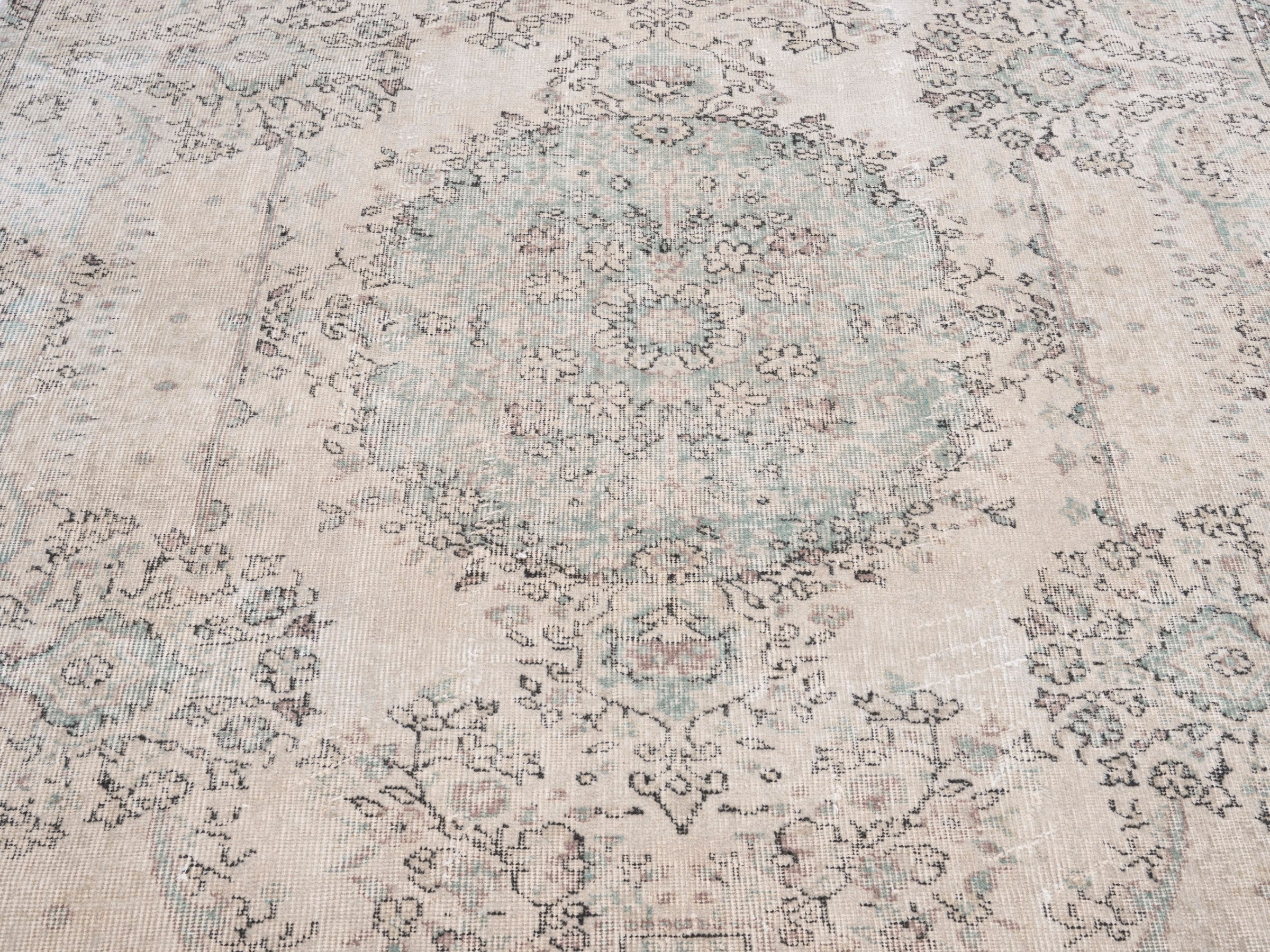 Turkish Isparta area rug in ivory and sage, view 4 of 10