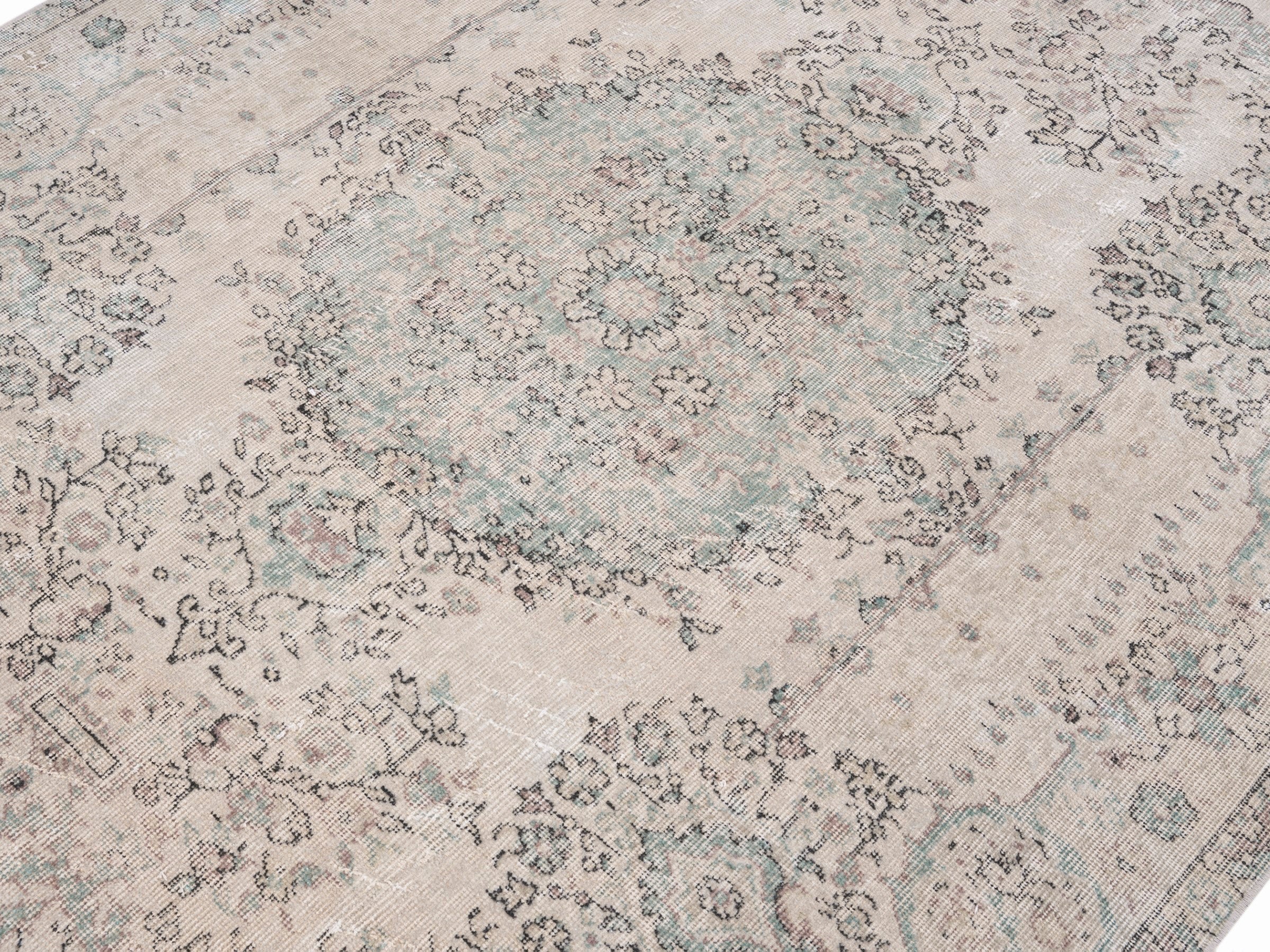 Turkish Isparta area rug in ivory and sage, view 5 of 10