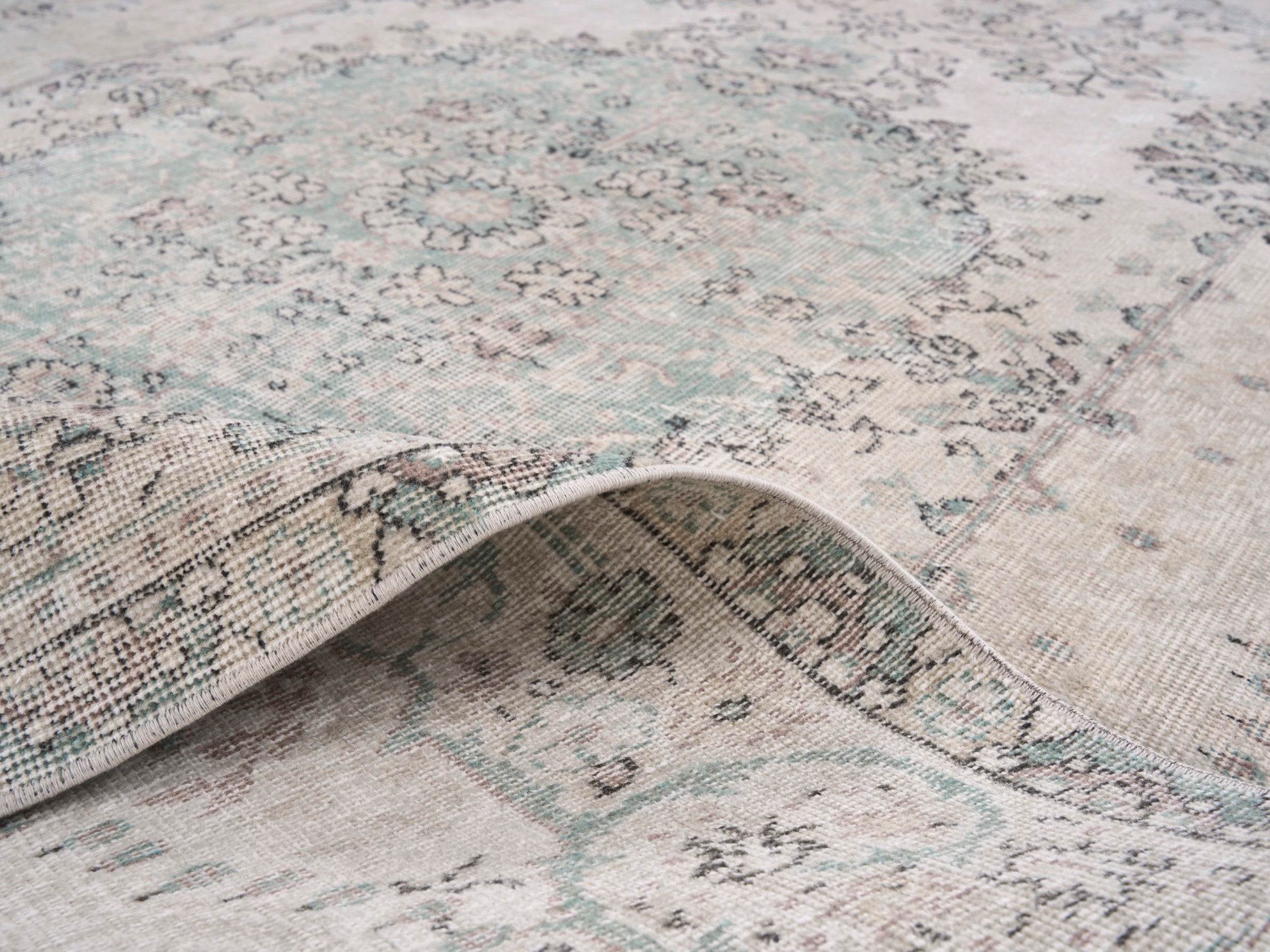 Turkish Isparta area rug in ivory and sage, view 9 of 10