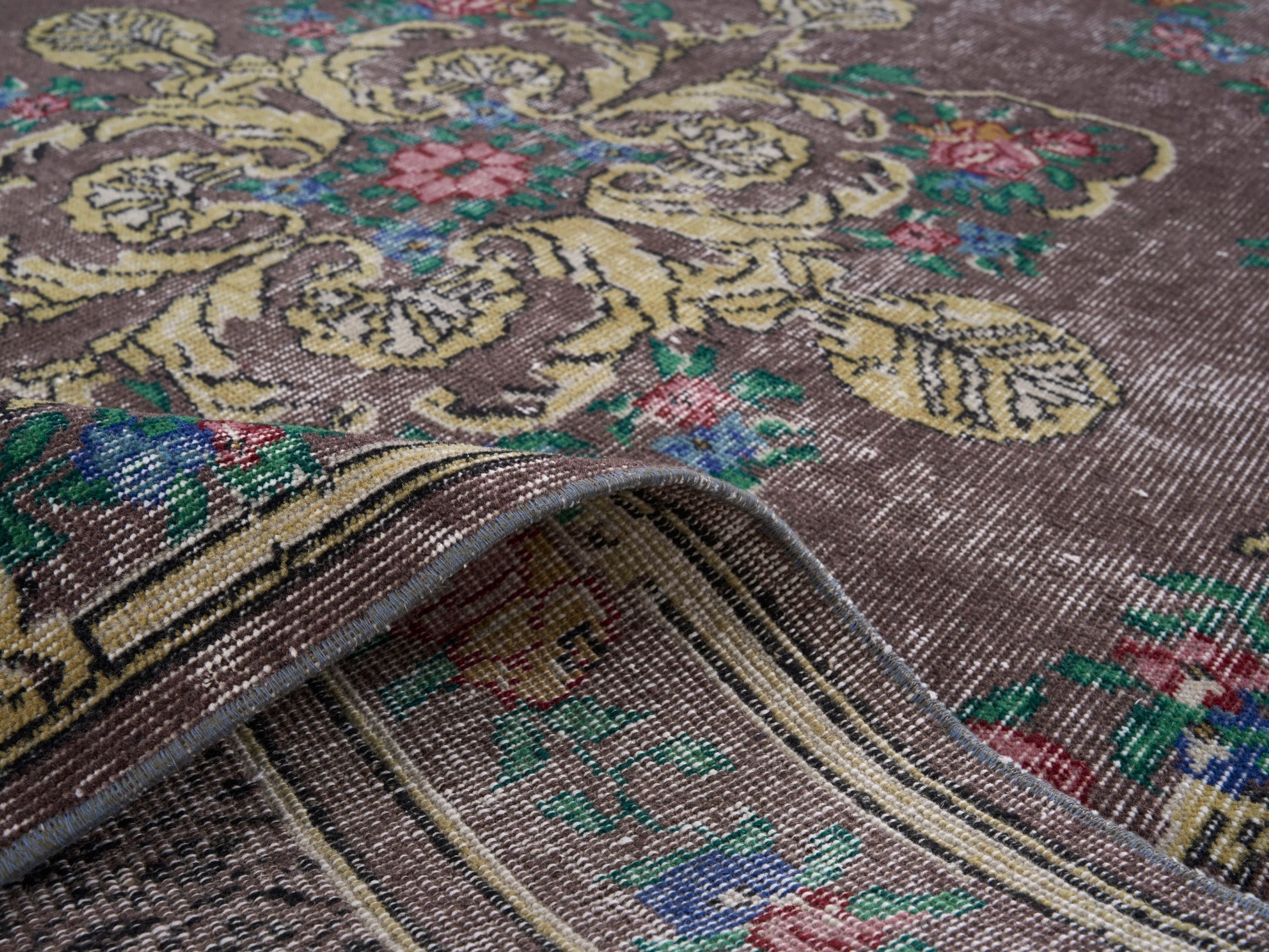 Turkish Isparta area rug in charcoal and gold, view 9 of 10
