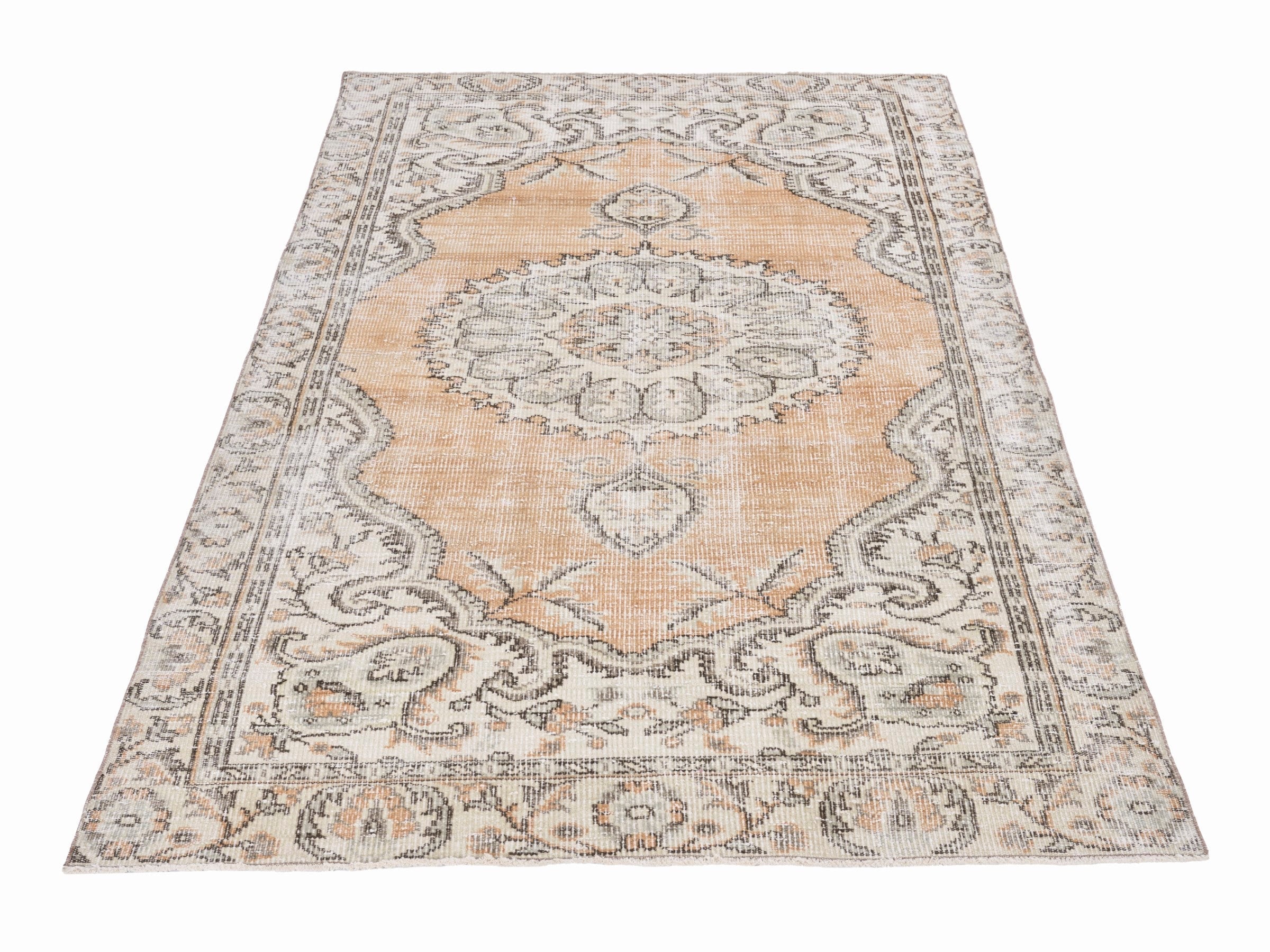 Turkish Manisa area rug in apricot and cream, view 2 of 10