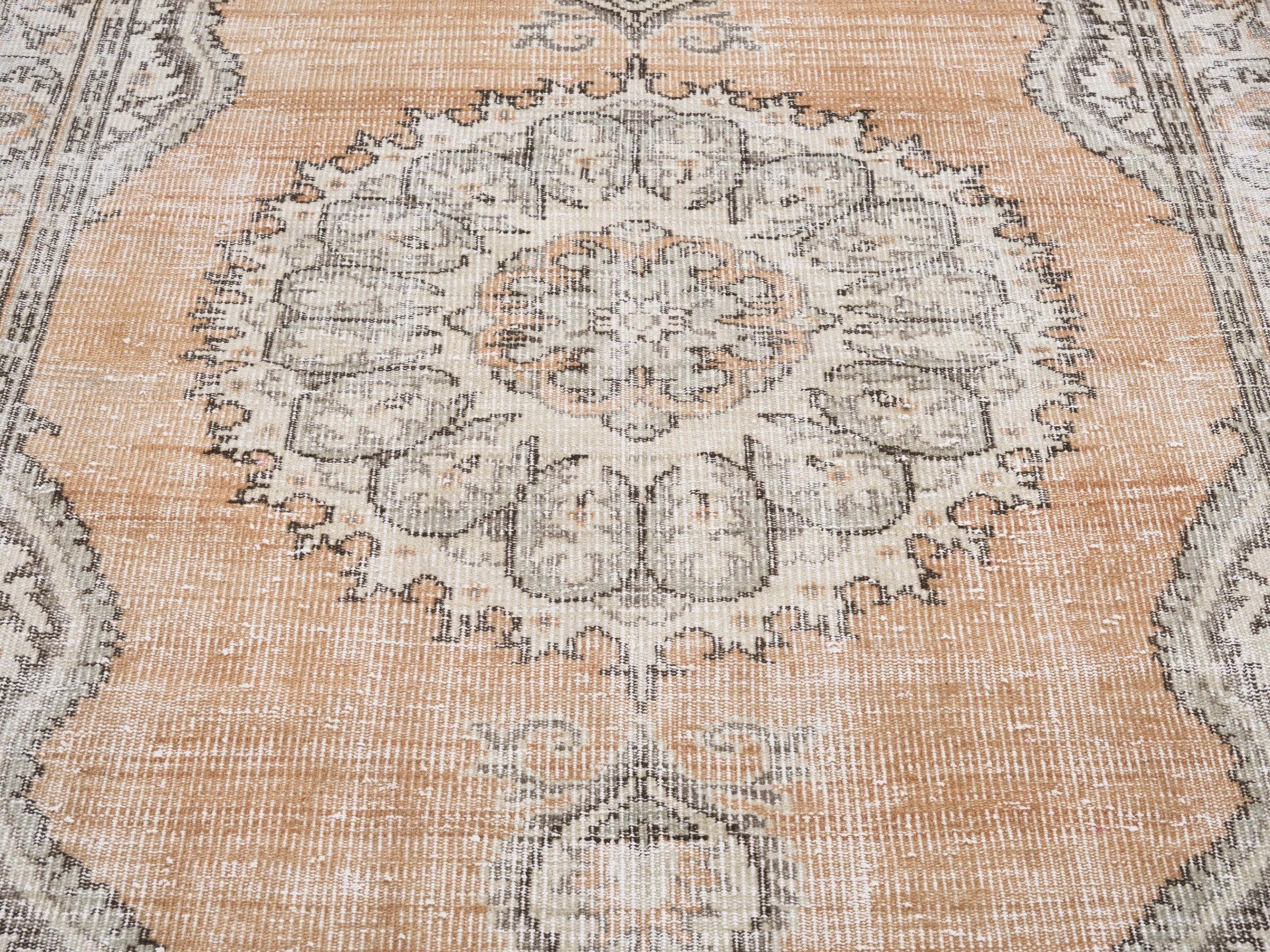 Turkish Manisa area rug in apricot and cream, view 4 of 10