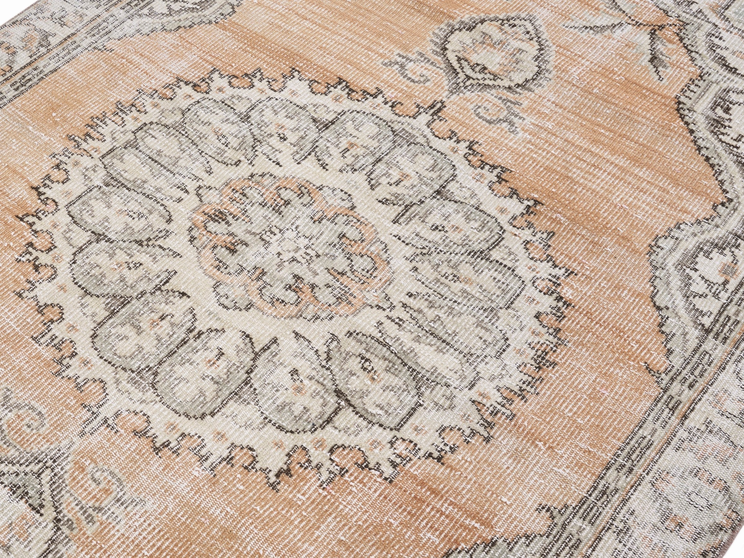 Turkish Manisa area rug in apricot and cream, view 5 of 10