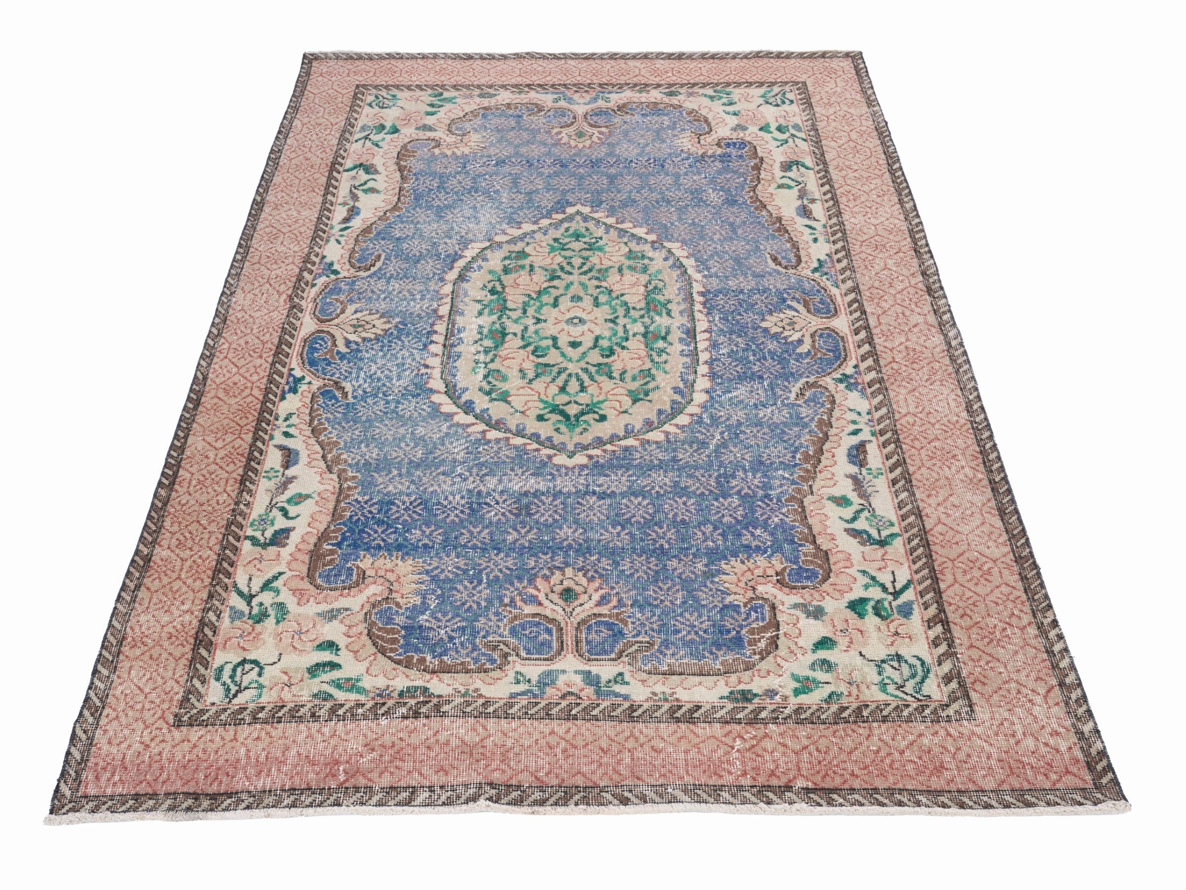 Turkish Isparta area rug in dark blue and rose, view 2 of 10