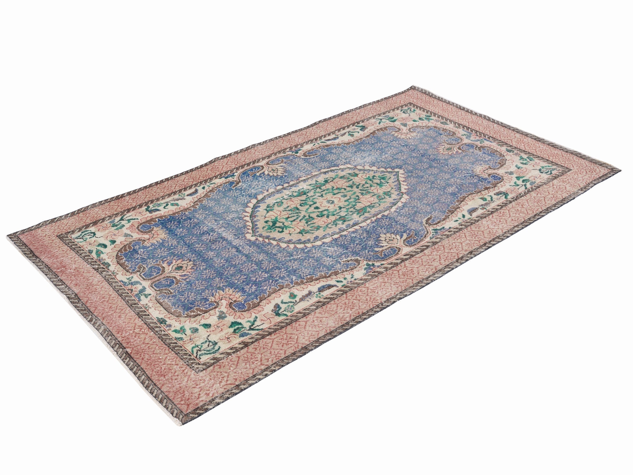 Turkish Isparta area rug in dark blue and rose, view 3 of 10