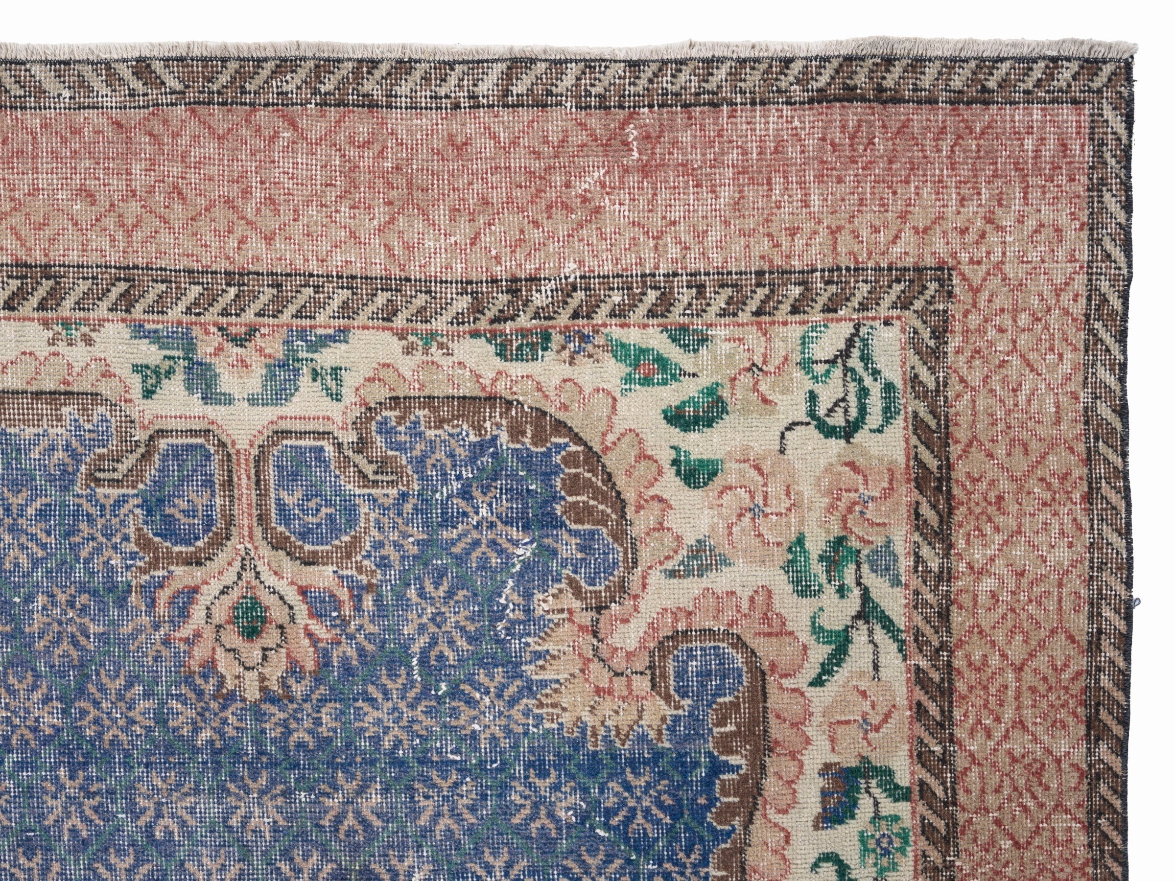 Turkish Isparta area rug in dark blue and rose, view 8 of 10