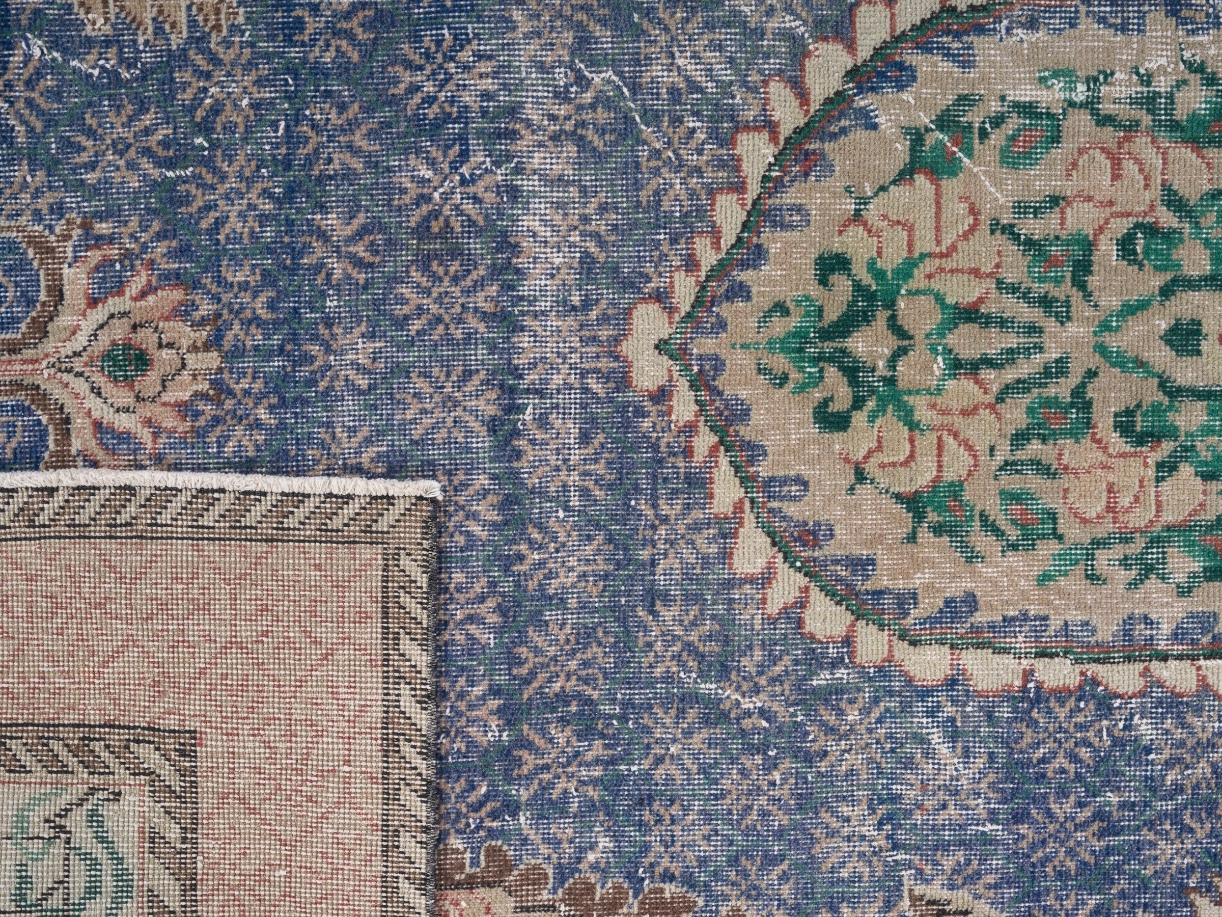 Turkish Isparta area rug in dark blue and rose, view 10 of 10
