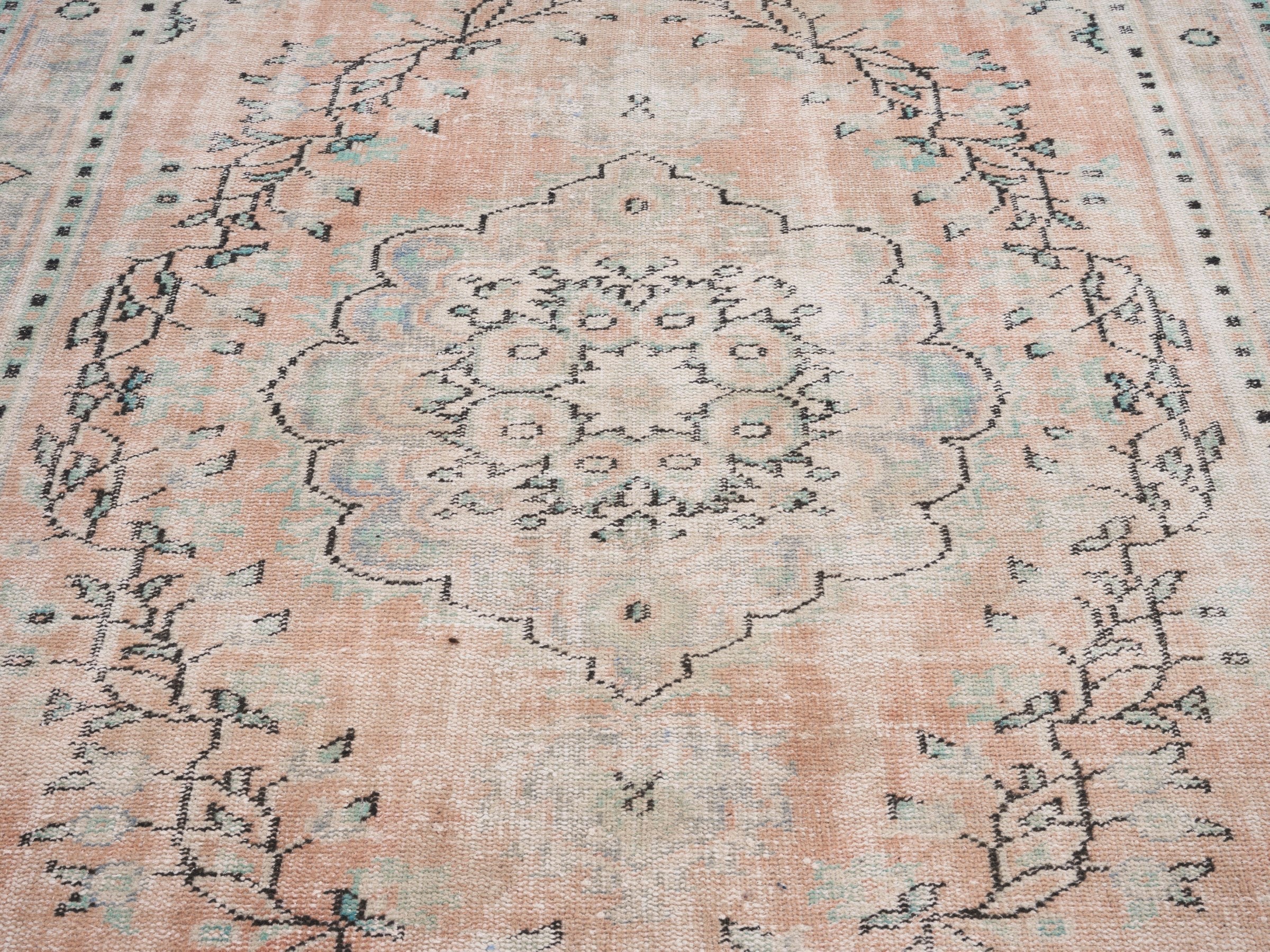 Turkish Manisa area rug in apricot and tan, view 4 of 10