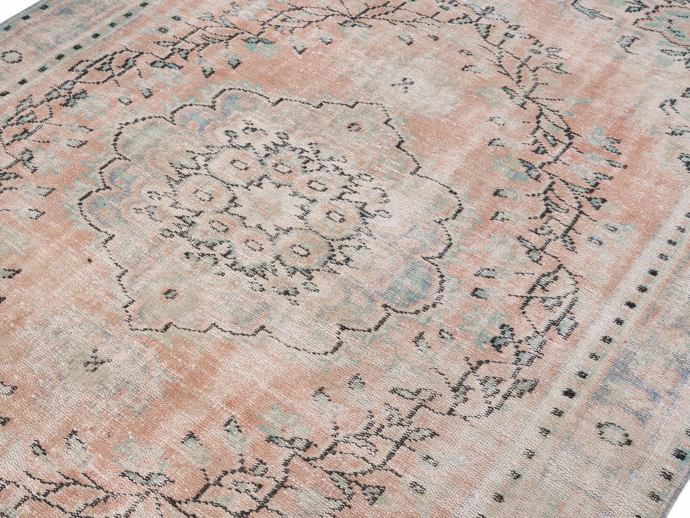 Turkish Manisa area rug in apricot and tan, view 5 of 10