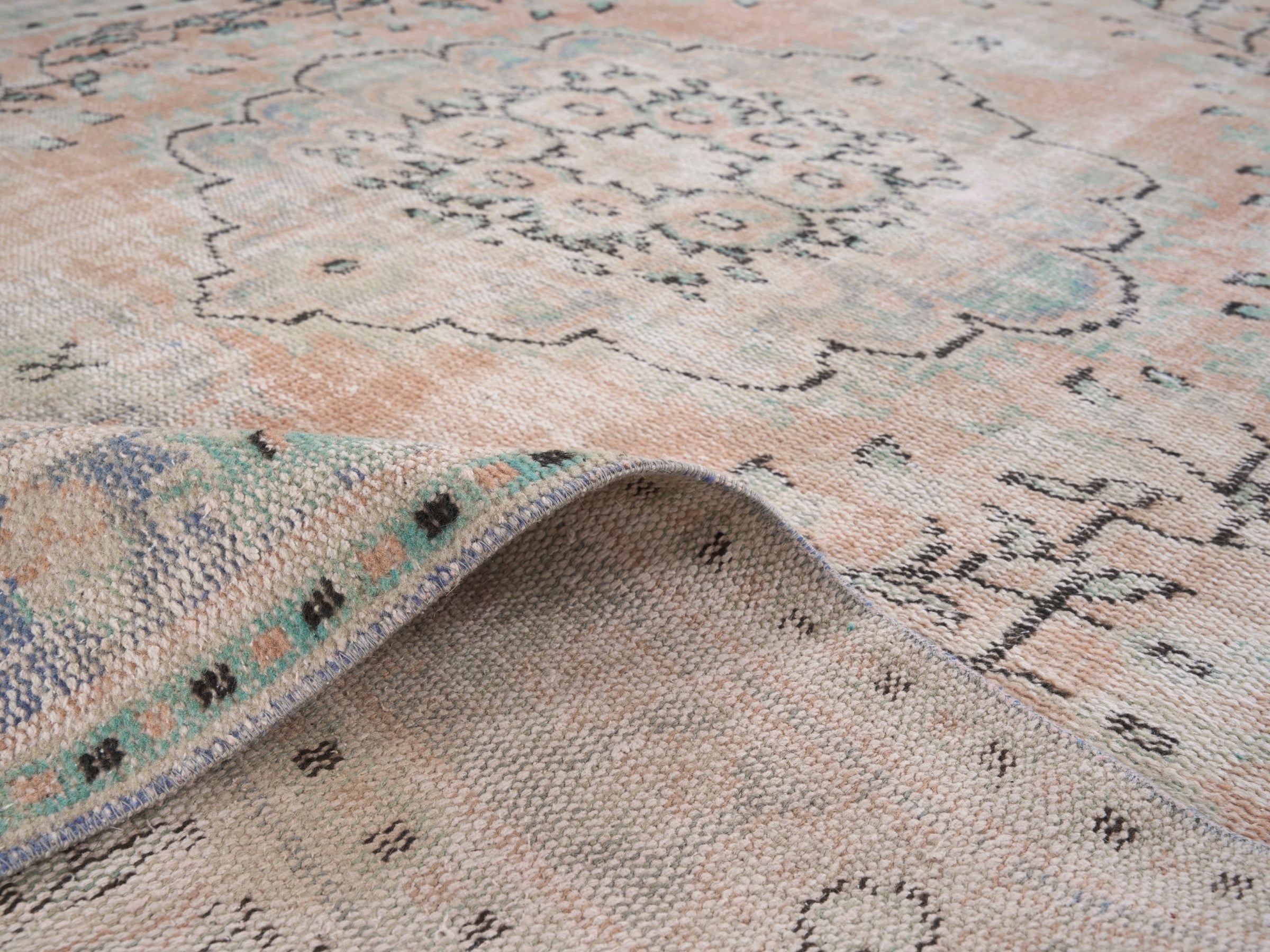 Turkish Manisa area rug in apricot and tan, view 9 of 10