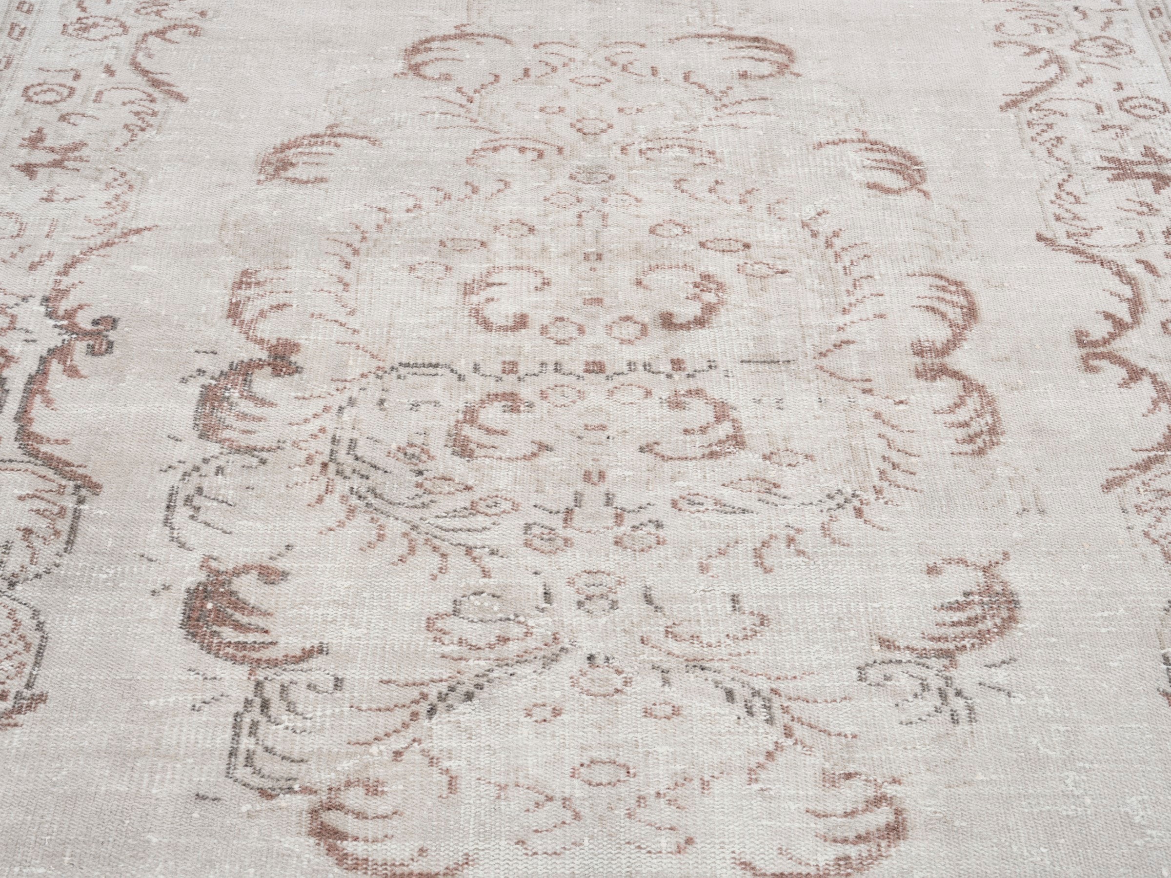 Turkish Manisa area rug in cream and faded red, view 4 of 10