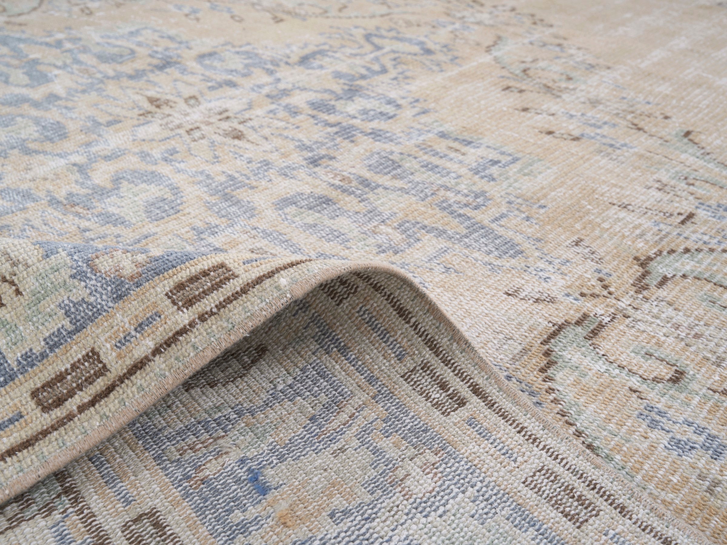 Turkish Manisa area rug in cream and powder blue, view 9 of 10