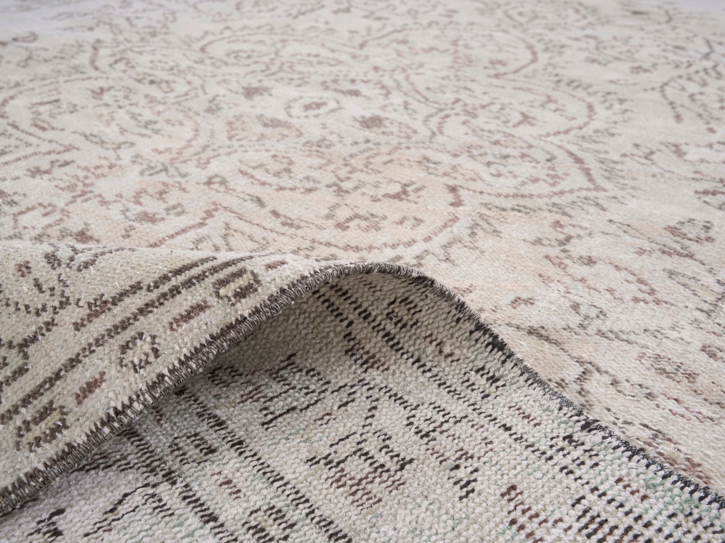 Turkish Manisa area rug in ivory and muted pink, view 9 of 10