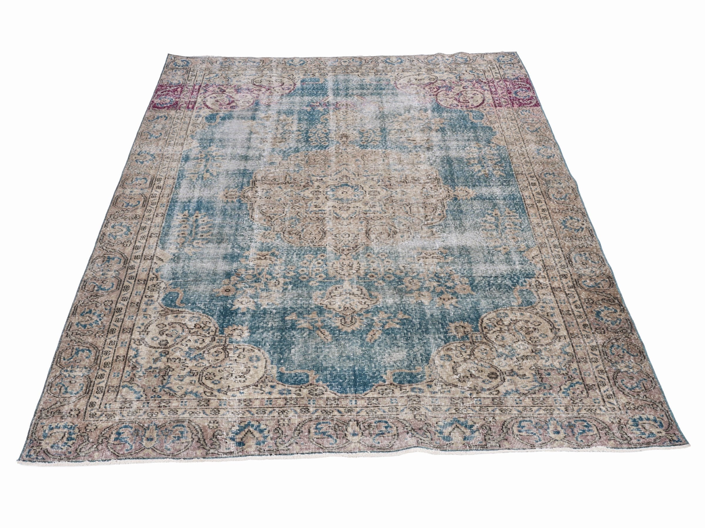 Turkish Isparta area rug in dusty blue and greige, view 2 of 10