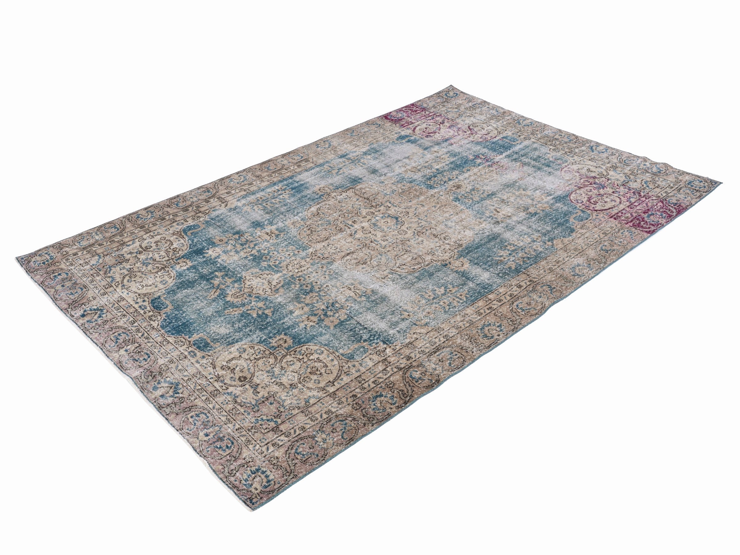 Turkish Isparta area rug in dusty blue and greige, view 3 of 10