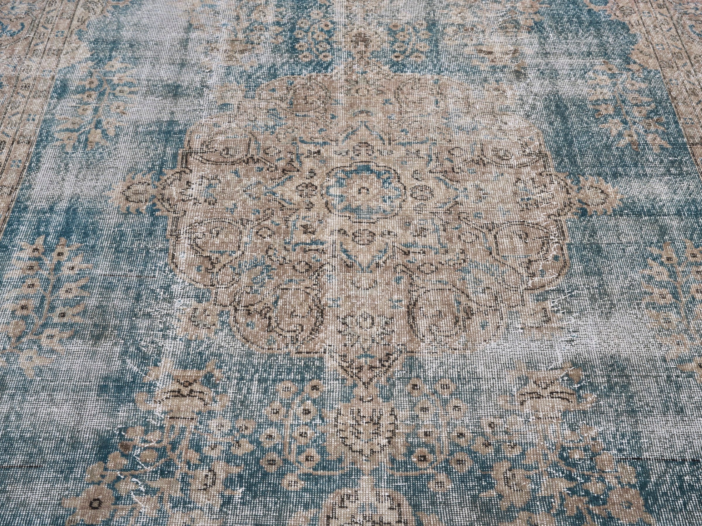 Turkish Isparta area rug in dusty blue and greige, view 4 of 10