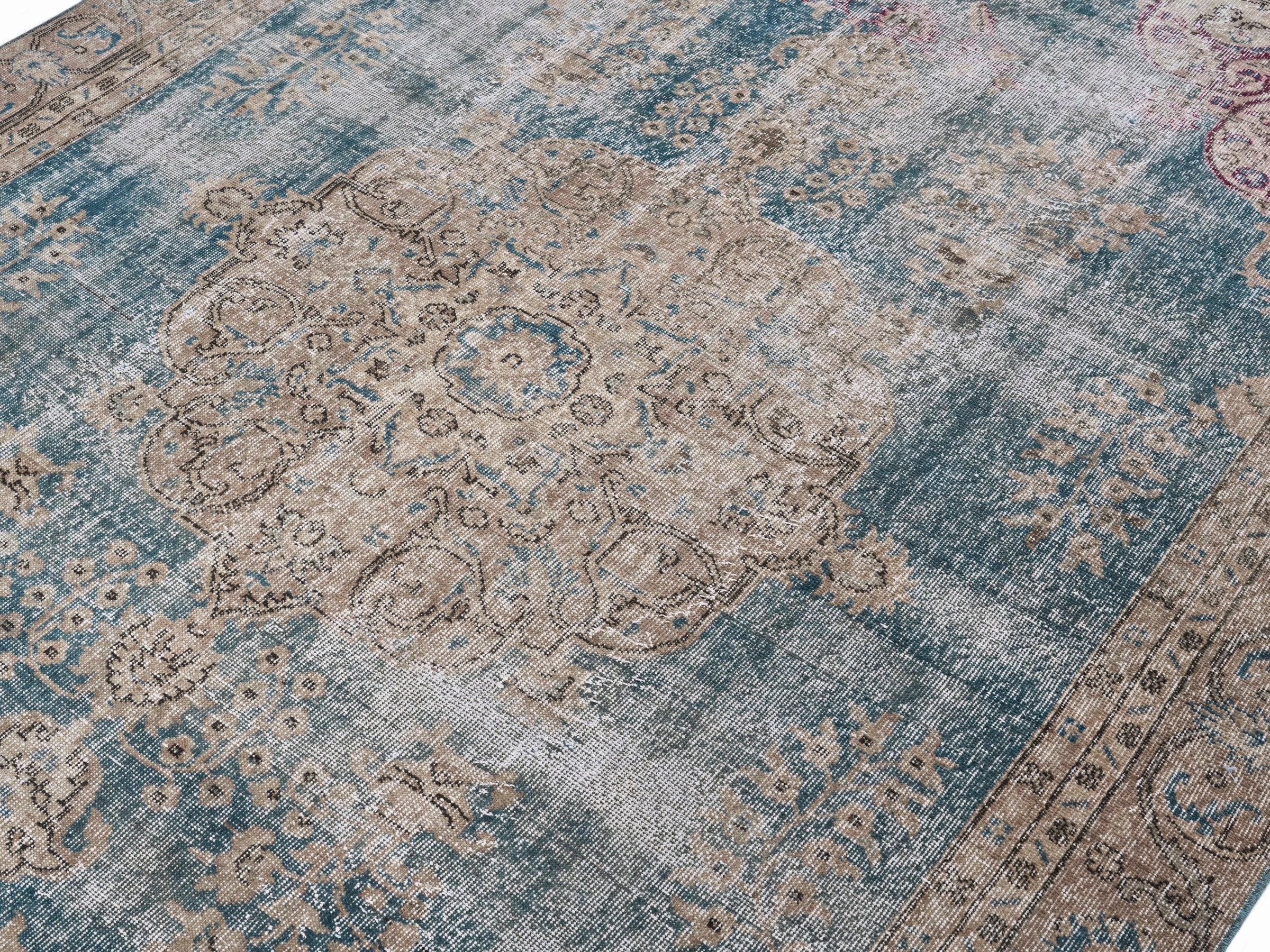Turkish Isparta area rug in dusty blue and greige, view 5 of 10