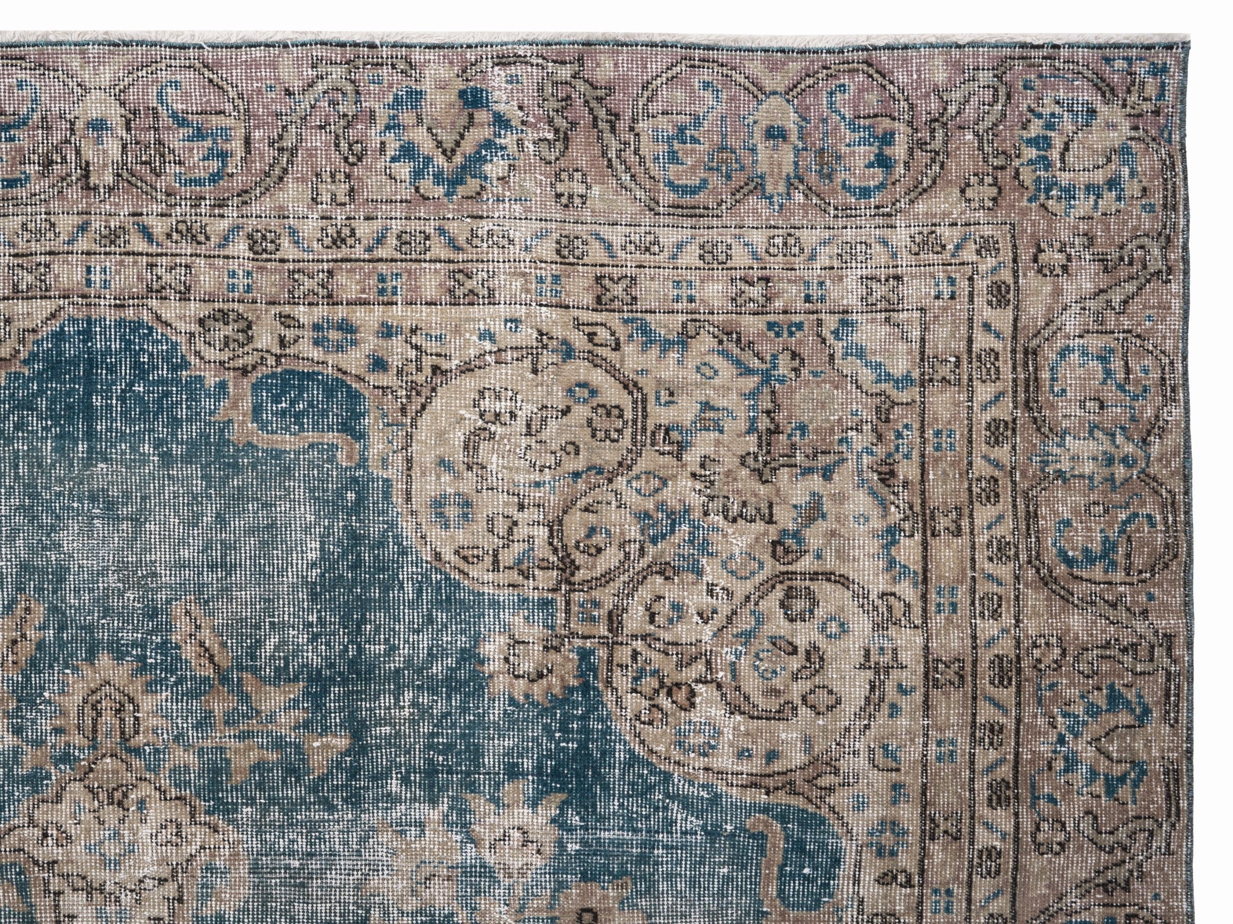 Turkish Isparta area rug in dusty blue and greige, view 8 of 10