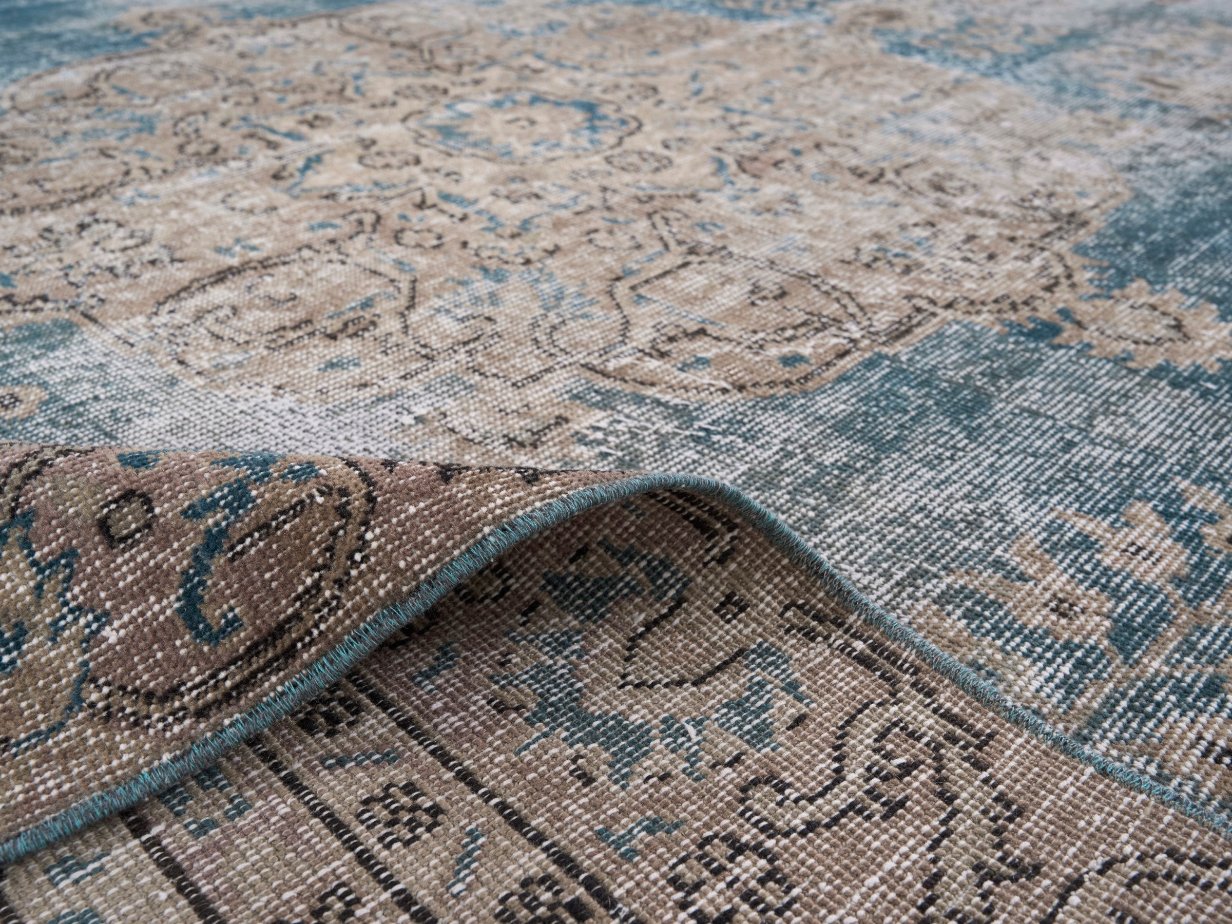Turkish Isparta area rug in dusty blue and greige, view 9 of 10
