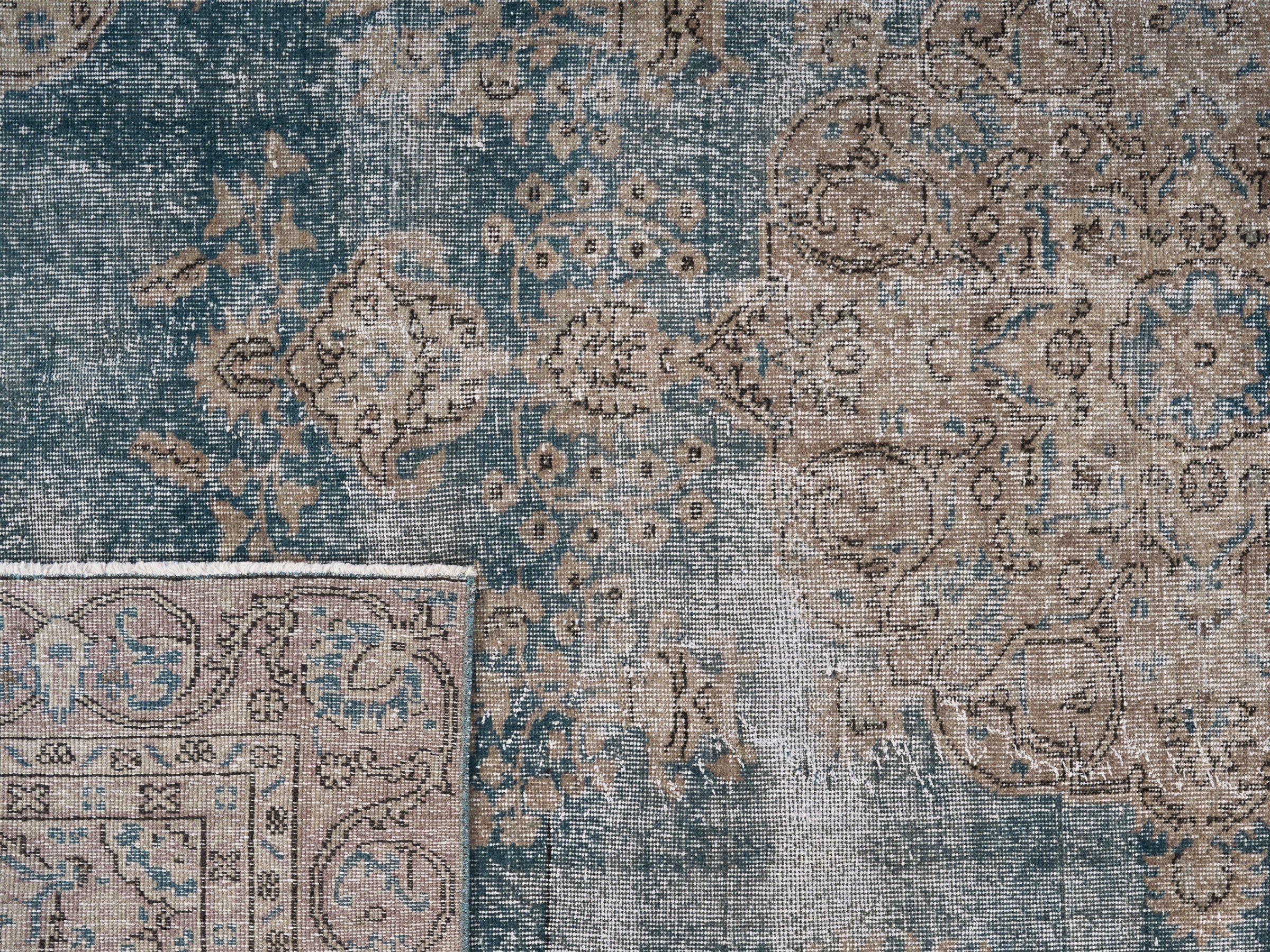 Turkish Isparta area rug in dusty blue and greige, view 10 of 10