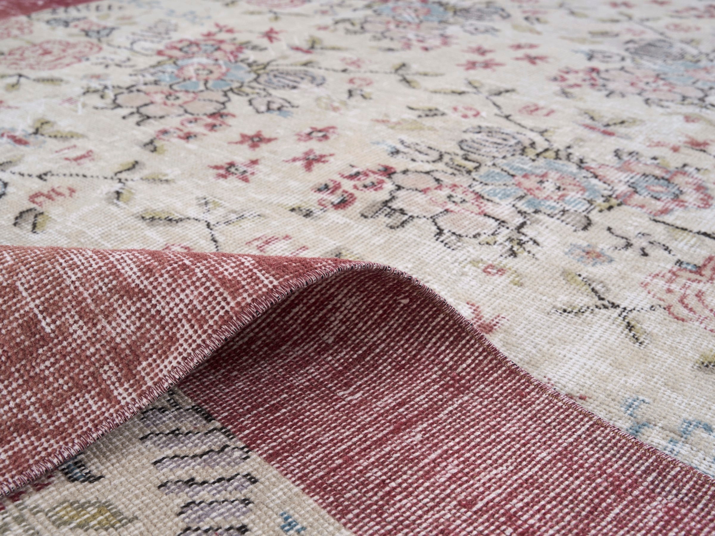Turkish Isparta area rug in cream and rose, view 9 of 10