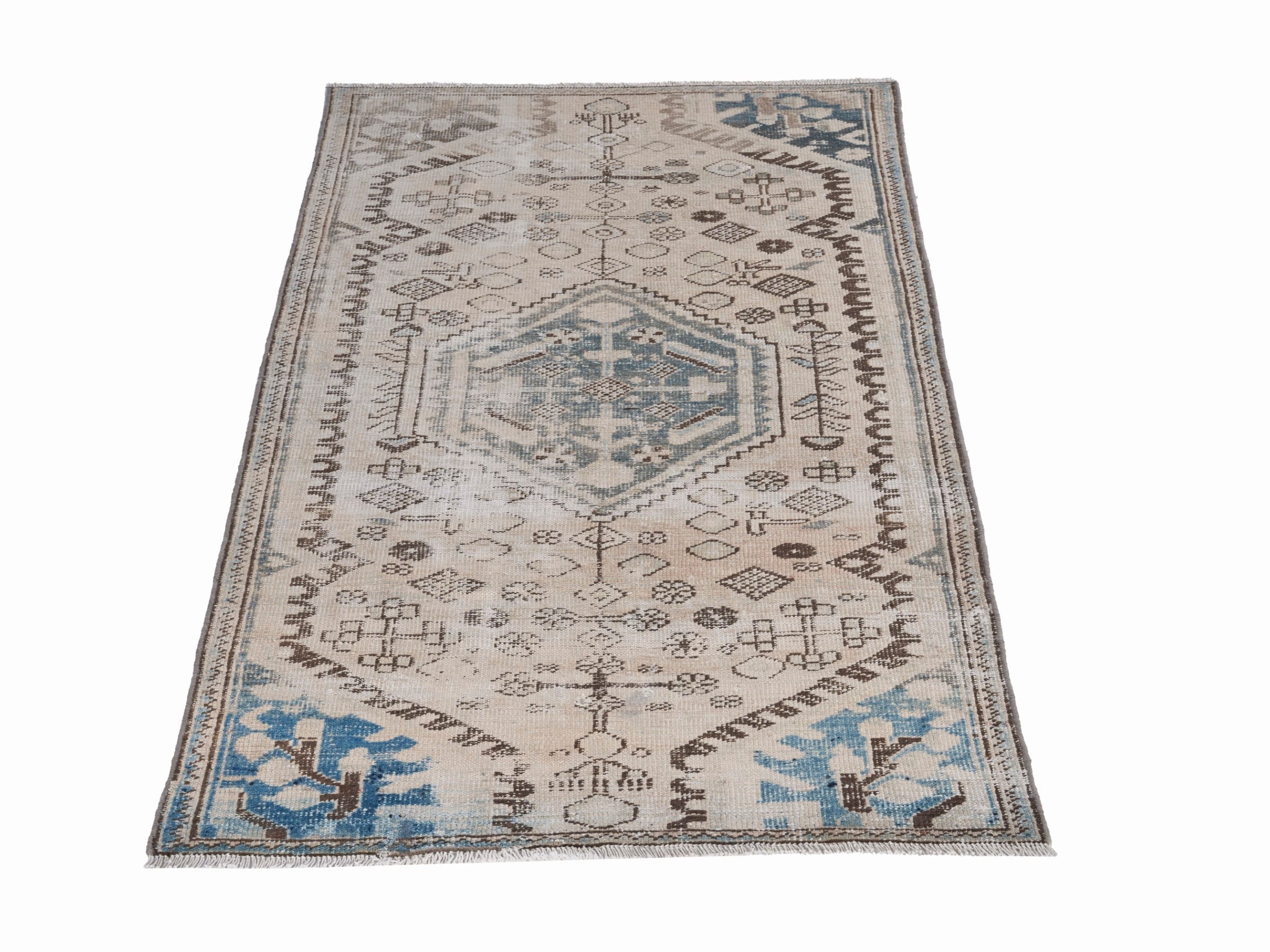 Persian Zanjan accent rug in cream and blue, view 2 of 10