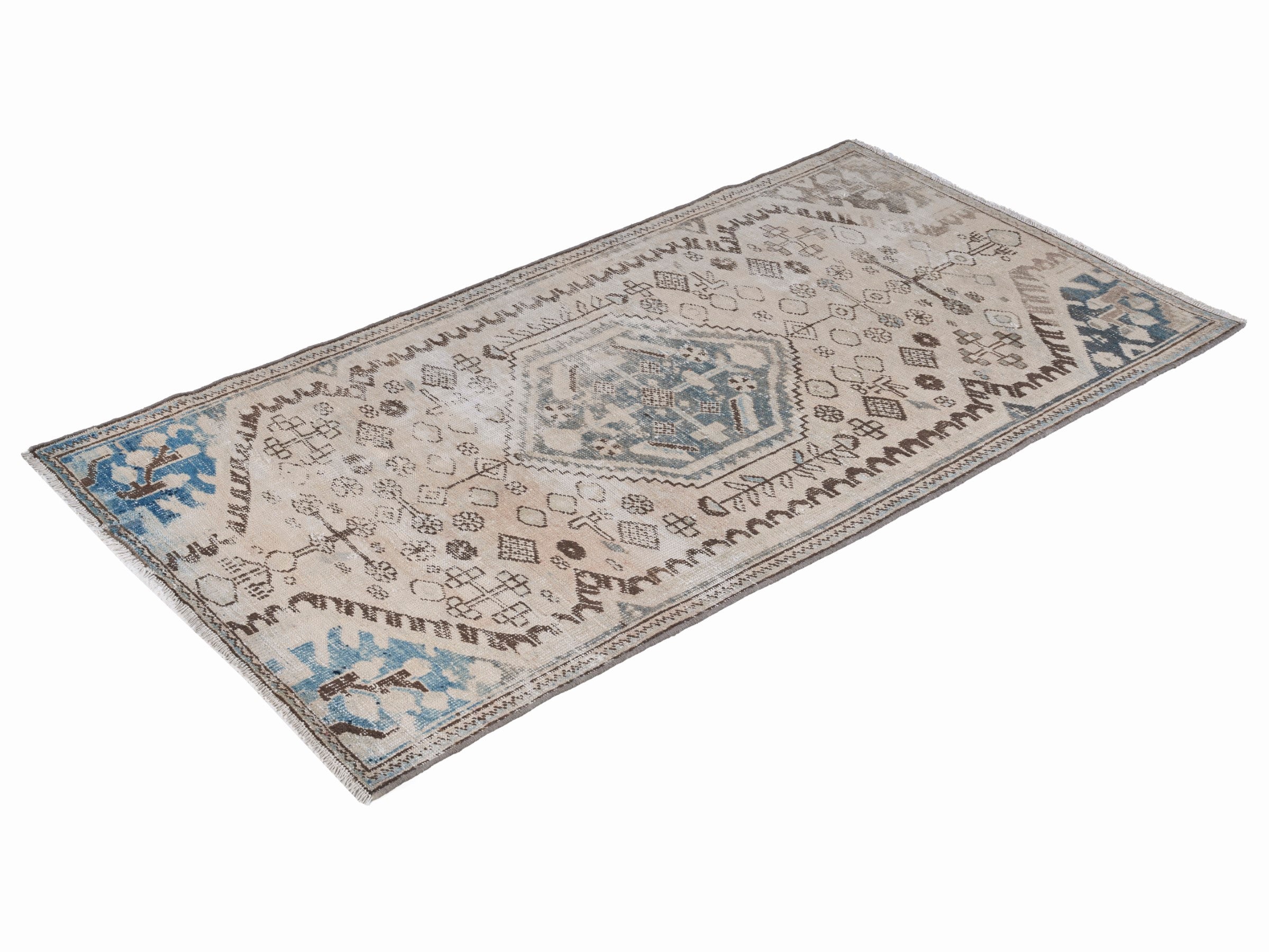 Persian Zanjan accent rug in cream and blue, view 3 of 10
