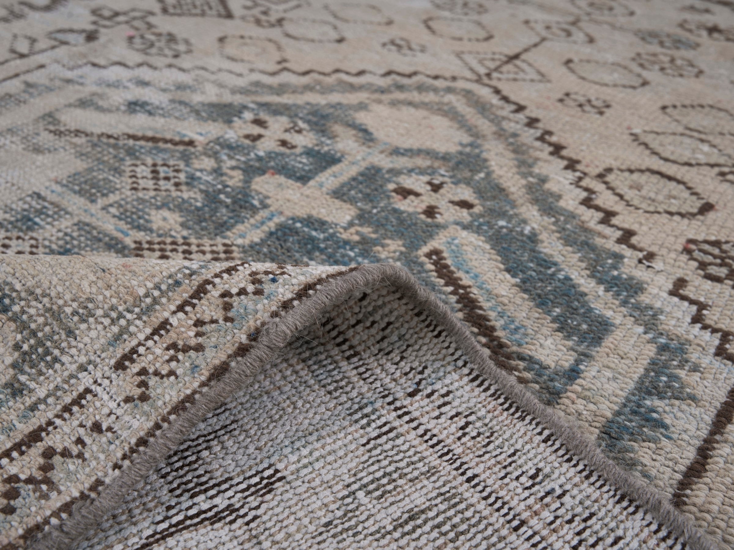 Persian Zanjan accent rug in cream and blue, view 9 of 10