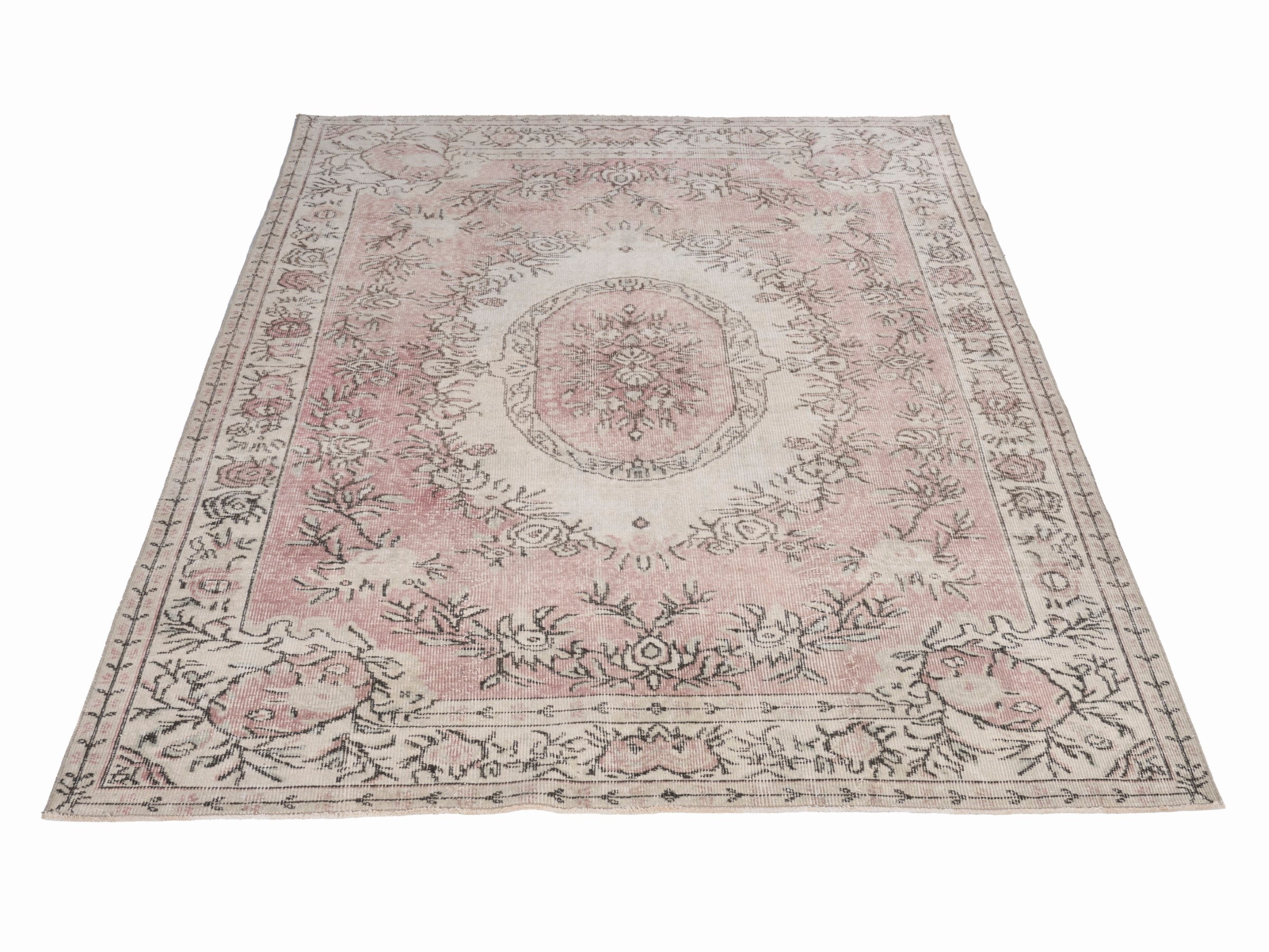 Turkish Isparta area rug in cream and muted pink, view 2 of 10