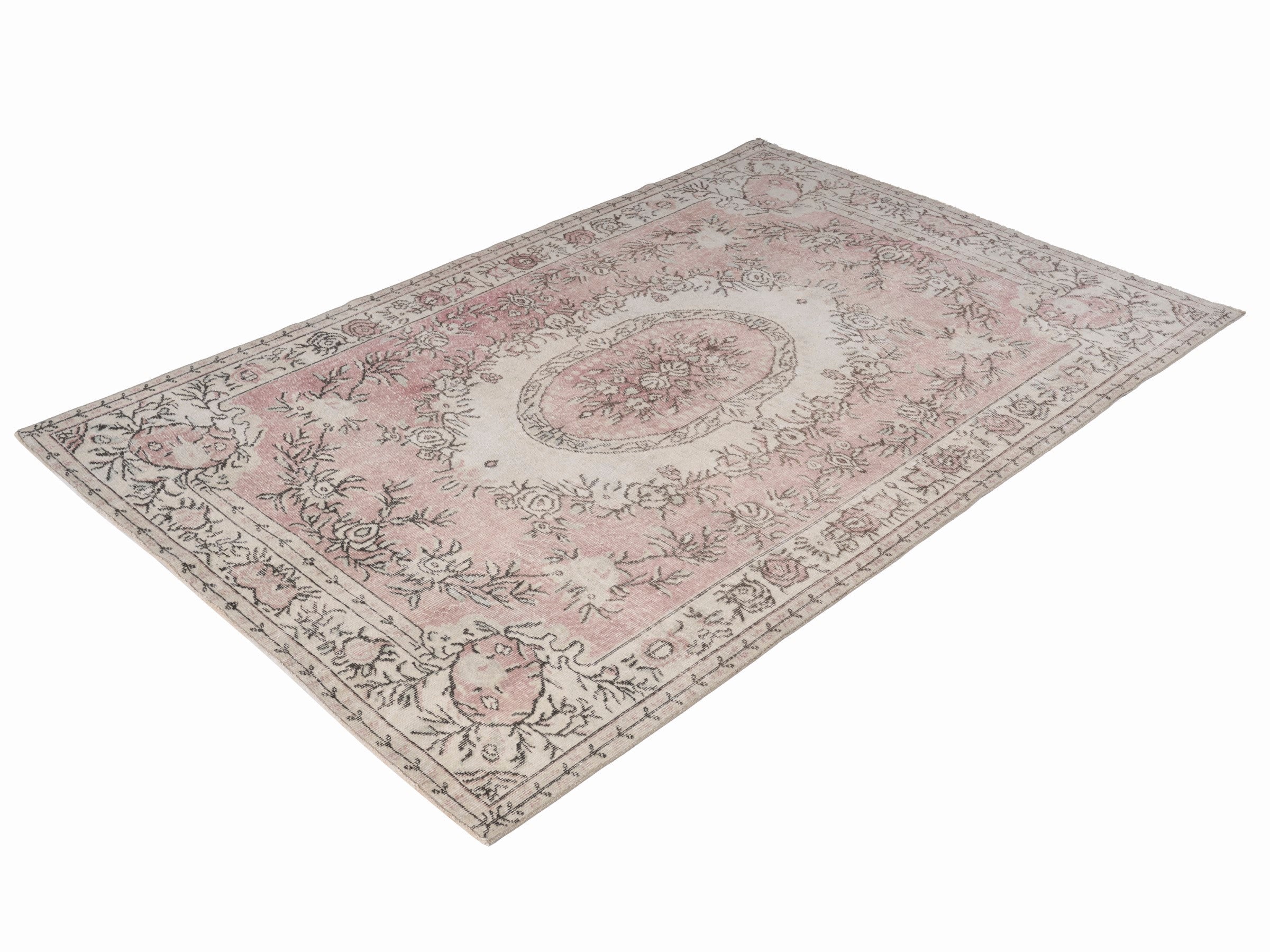 Turkish Isparta area rug in cream and muted pink, view 3 of 10