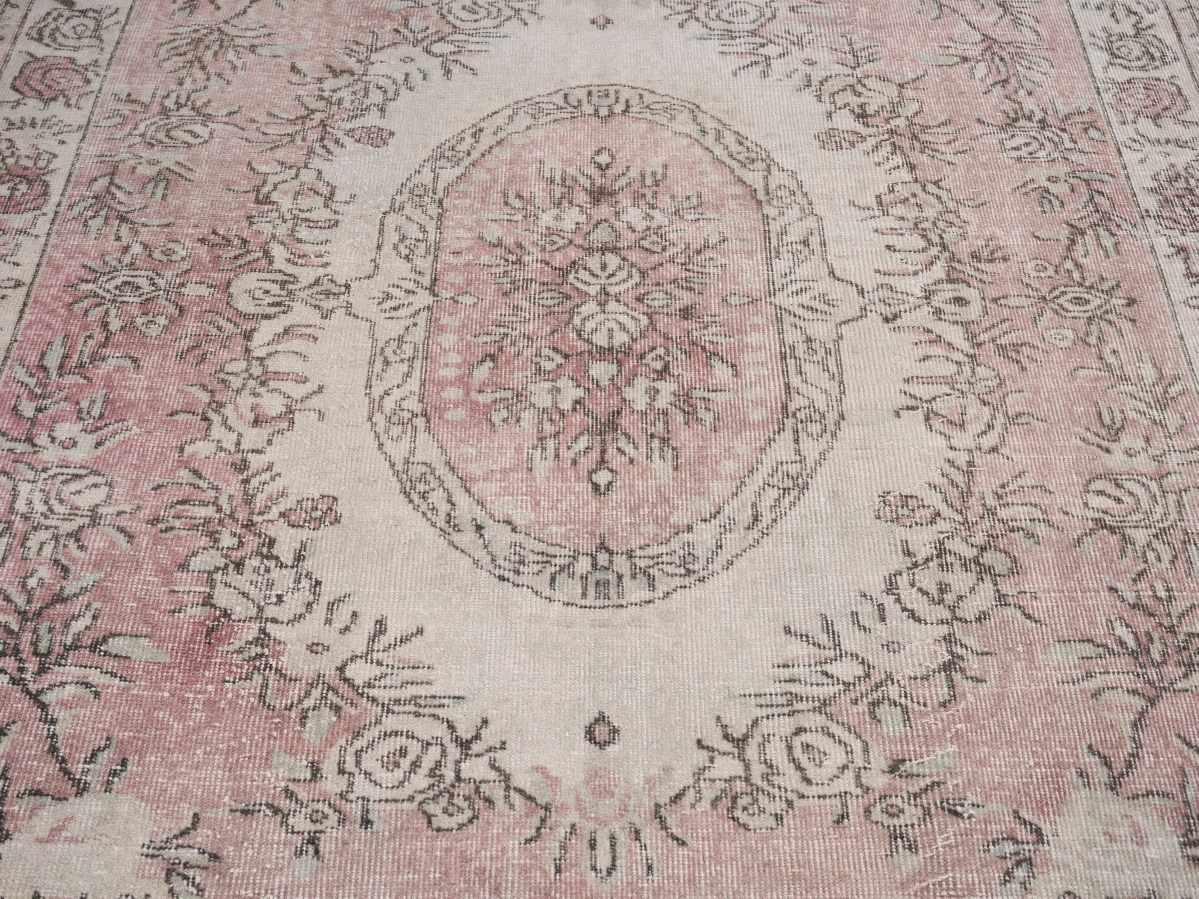 Turkish Isparta area rug in cream and muted pink, view 4 of 10