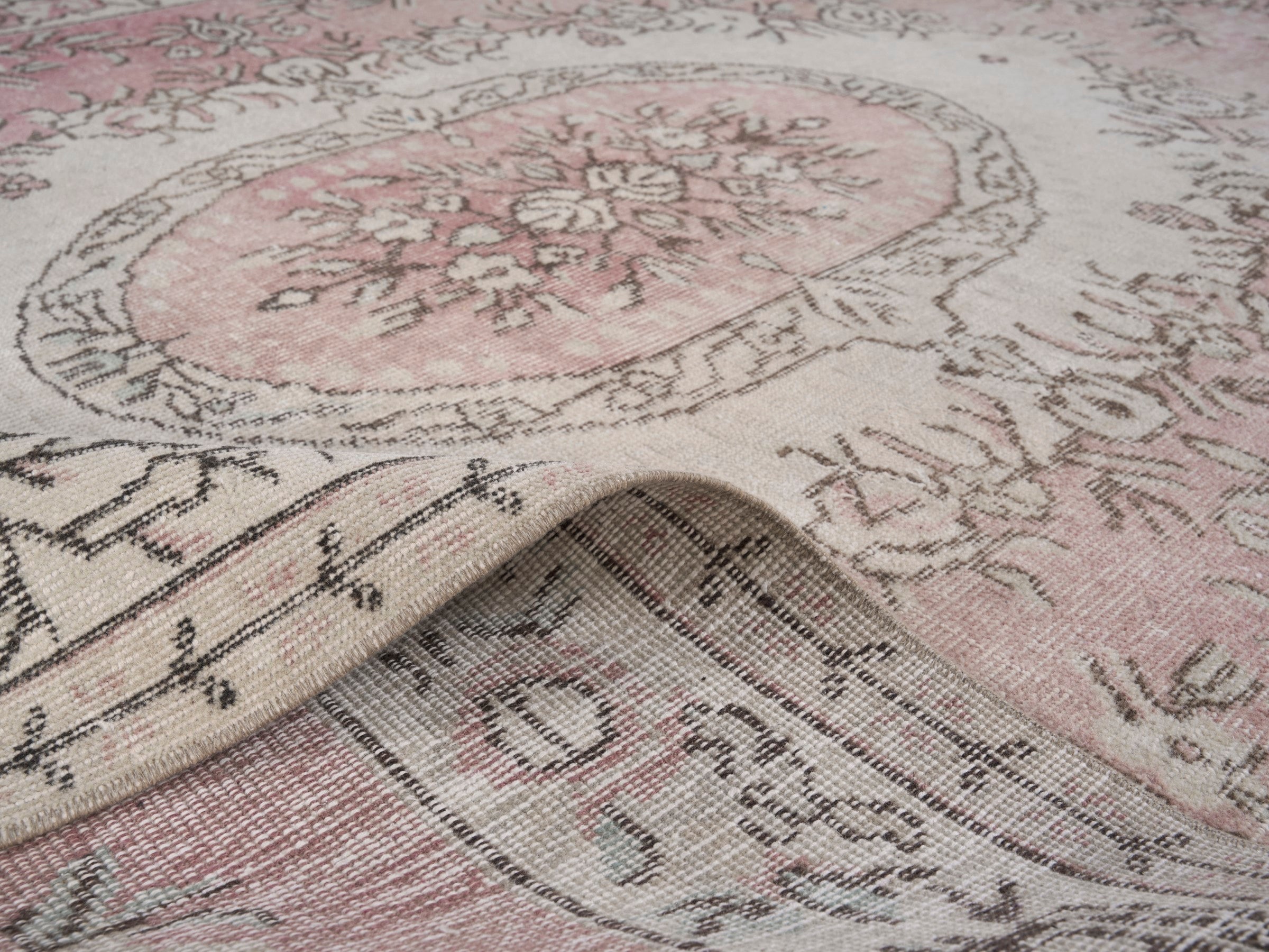 Turkish Isparta area rug in cream and muted pink, view 9 of 10