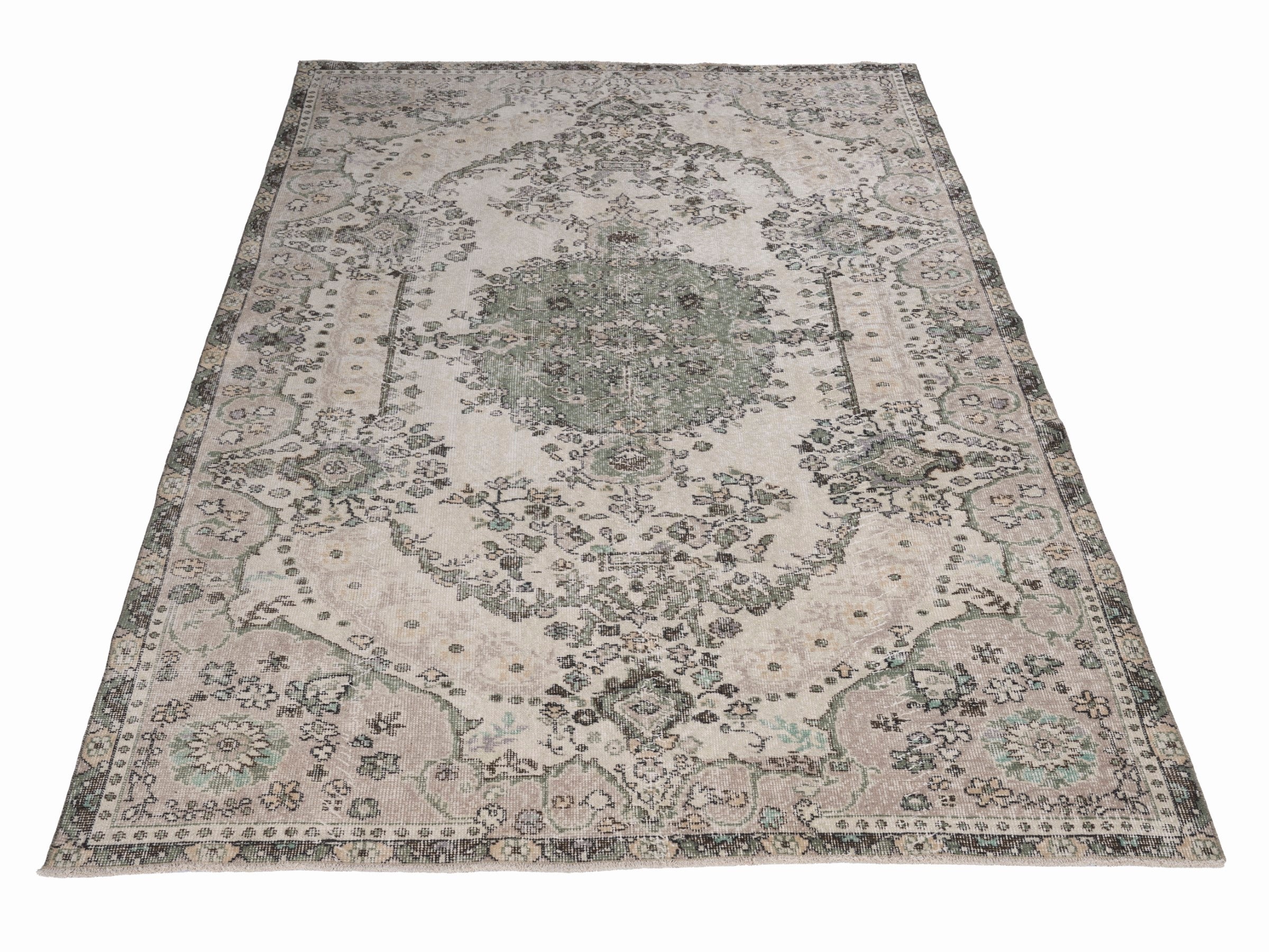 Turkish Isparta area rug in cream and sage, view 2 of 10