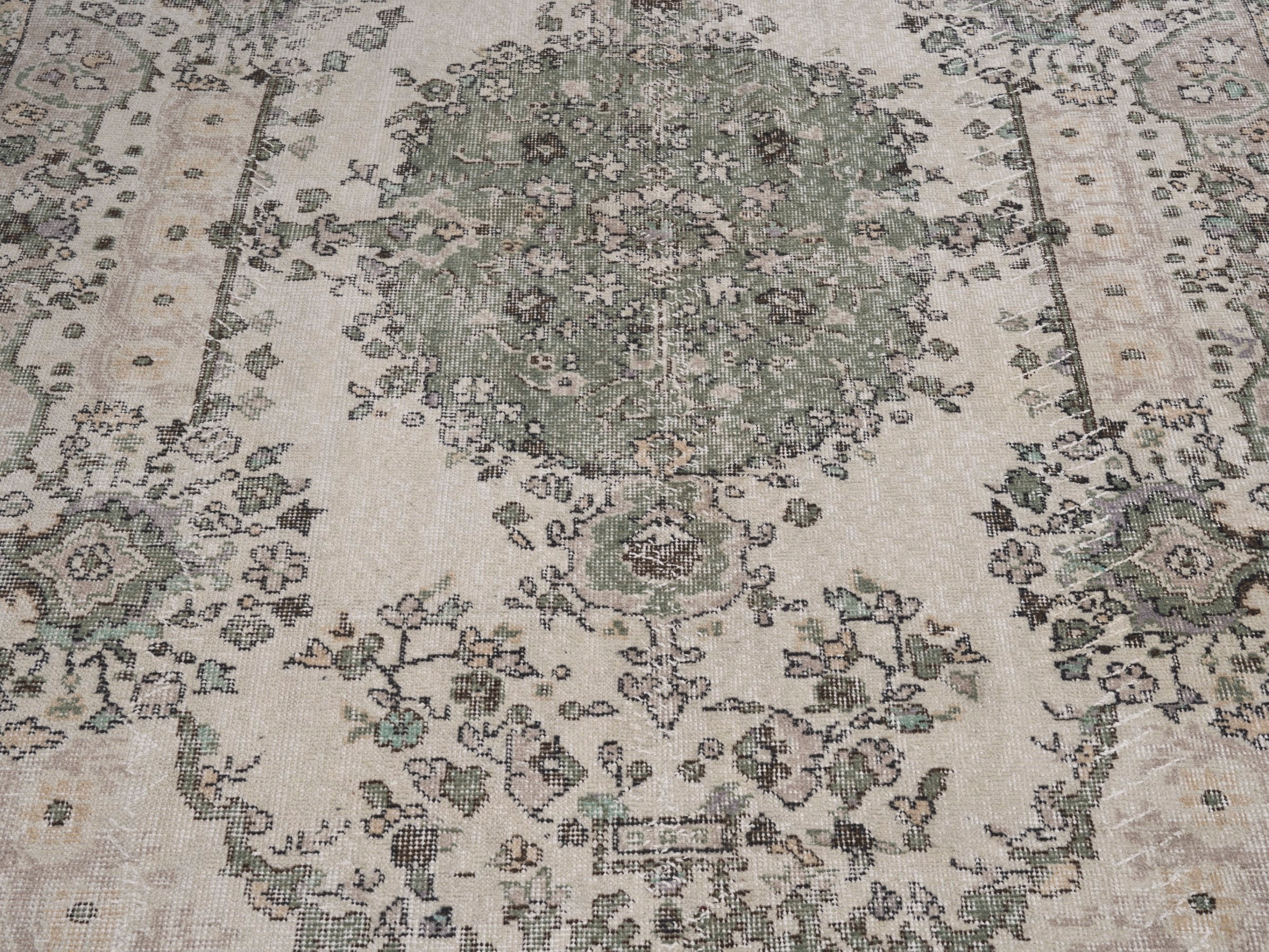 Turkish Isparta area rug in cream and sage, view 4 of 10