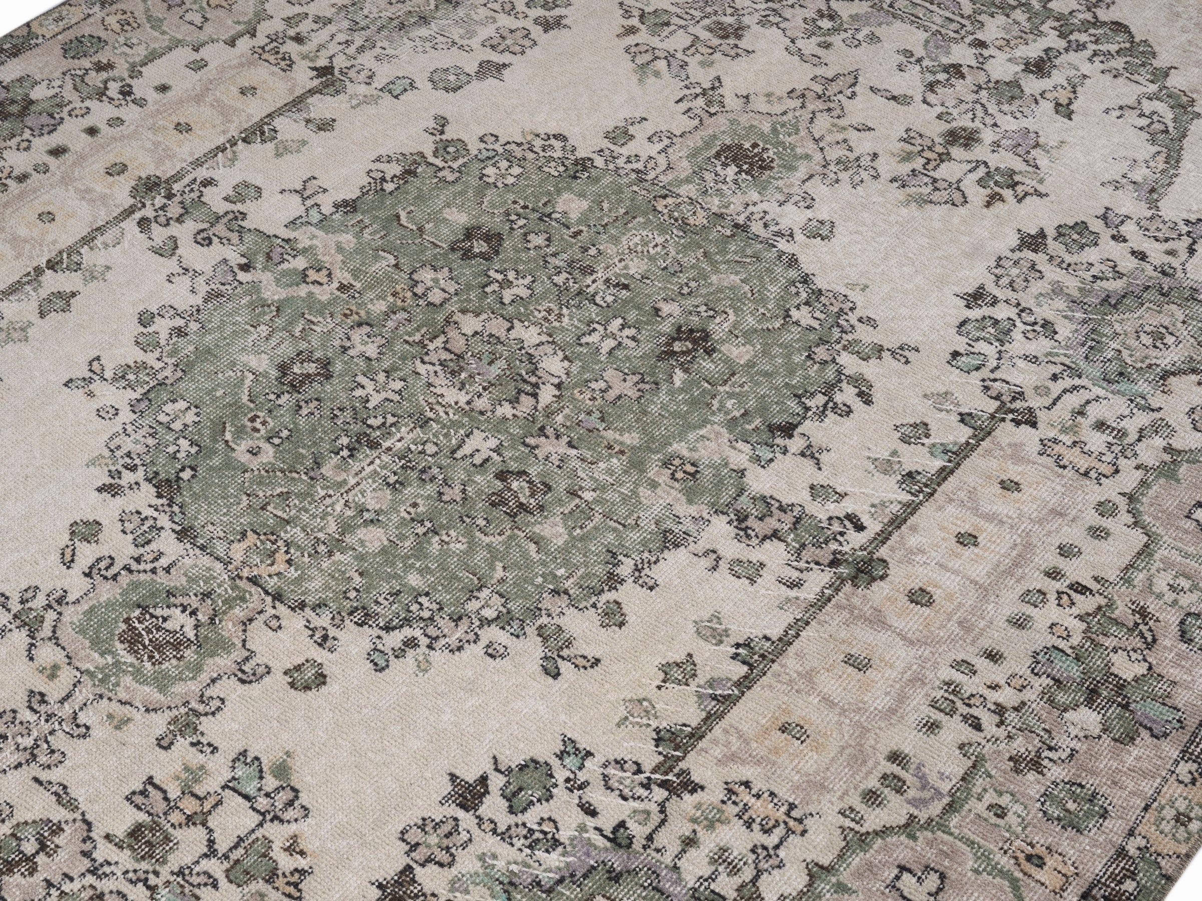 Turkish Isparta area rug in cream and sage, view 5 of 10