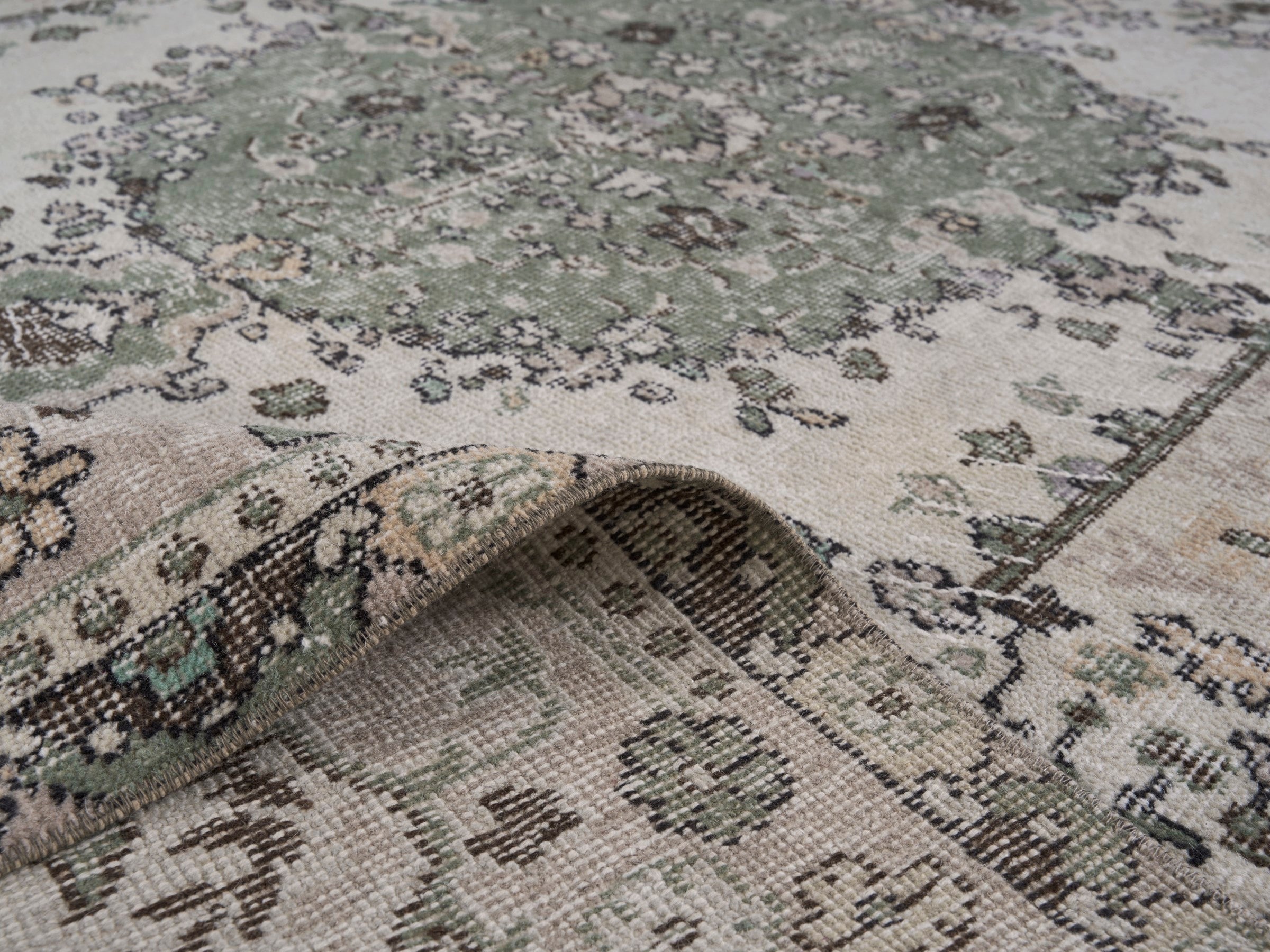 Turkish Isparta area rug in cream and sage, view 9 of 10