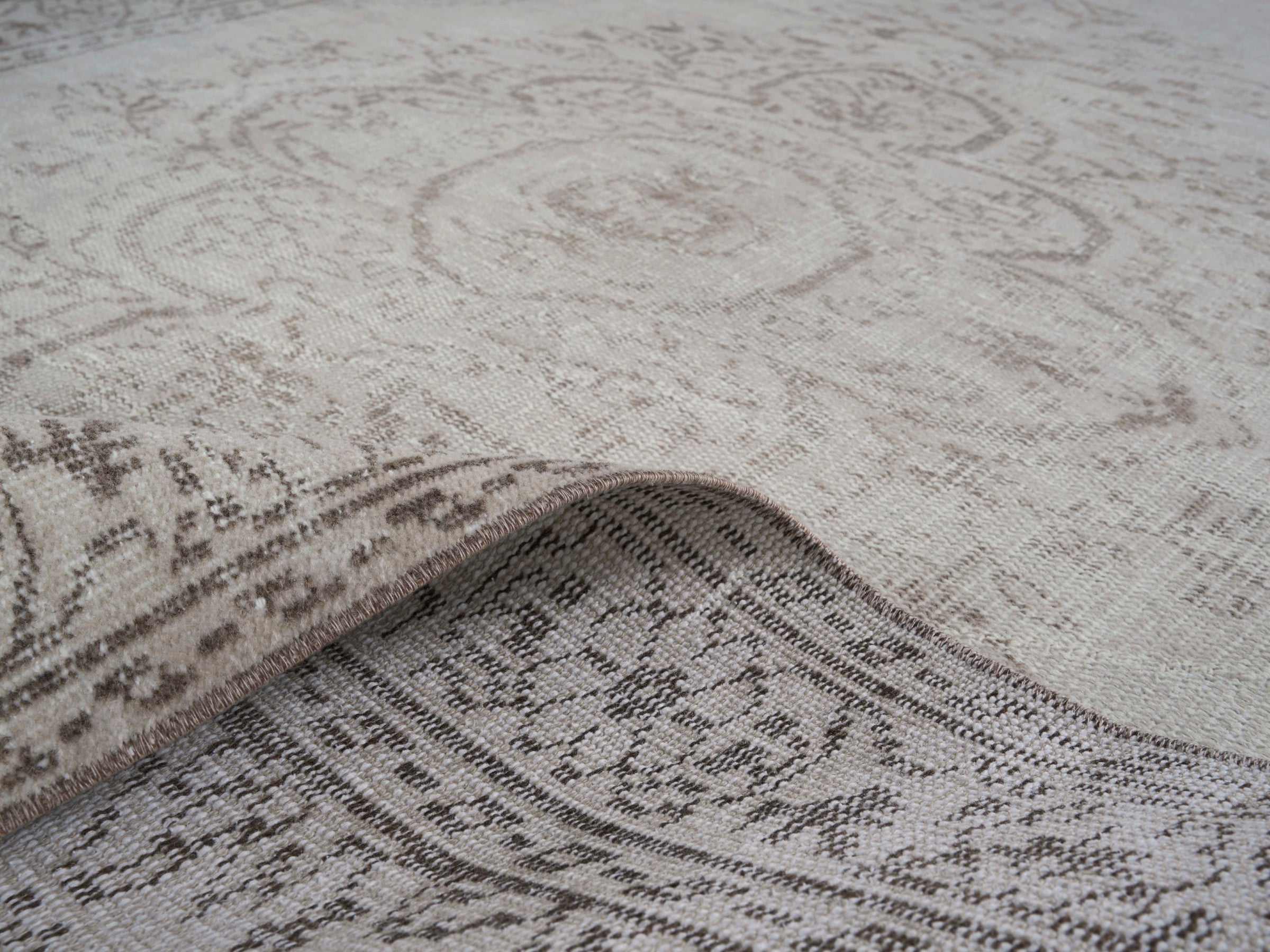 Turkish Manisa area rug in cream and greige, view 9 of 10