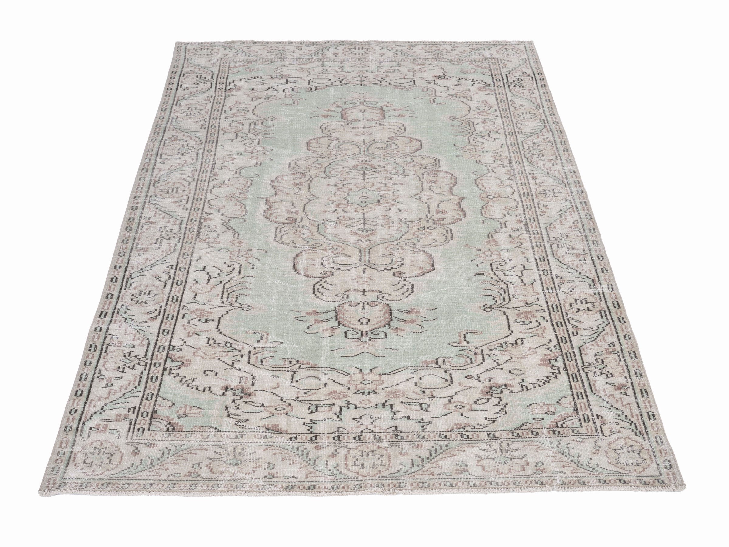 Turkish Manisa area rug in sage and faded red, view 2 of 10