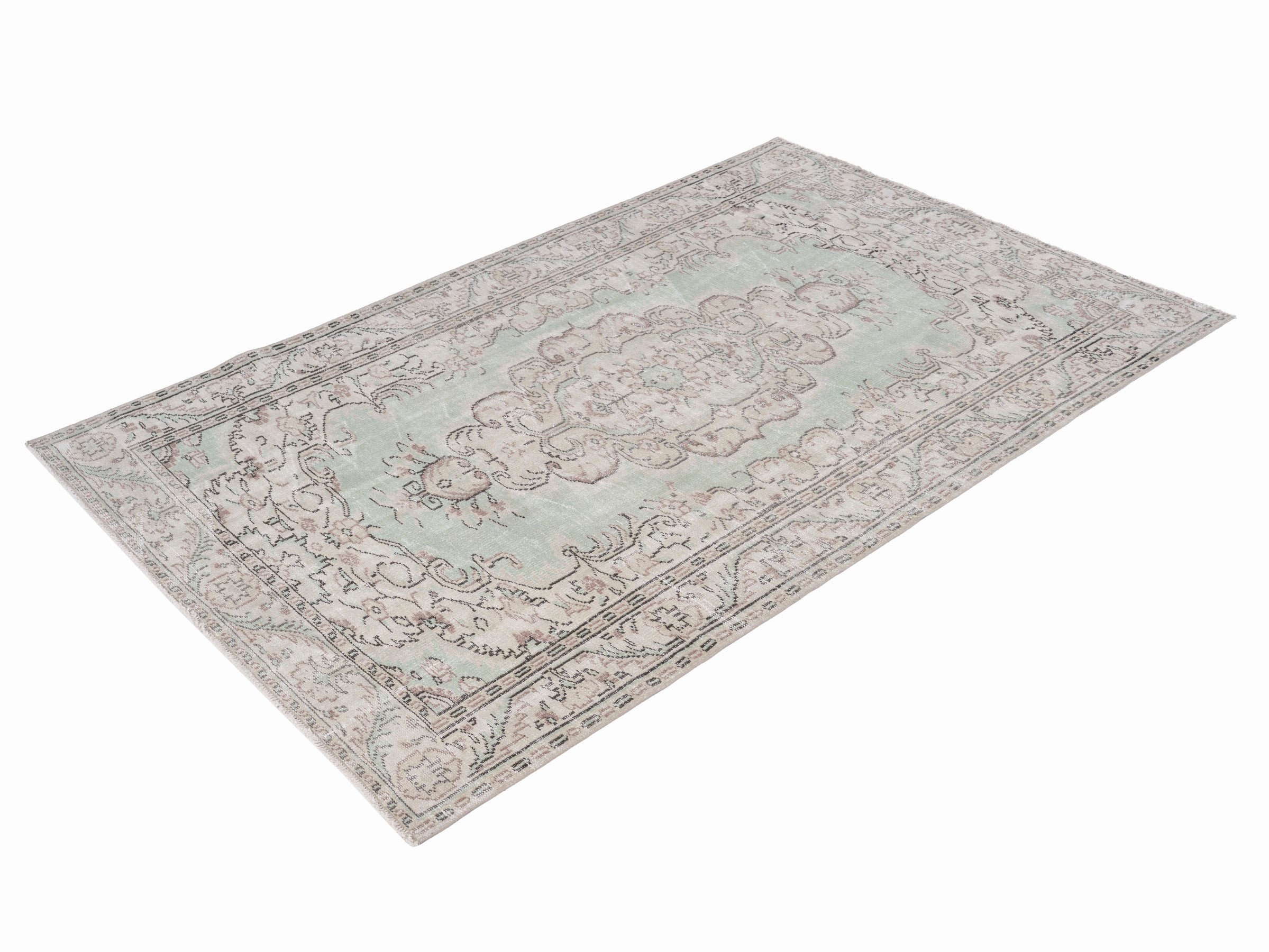 Turkish Manisa area rug in sage and faded red, view 3 of 10