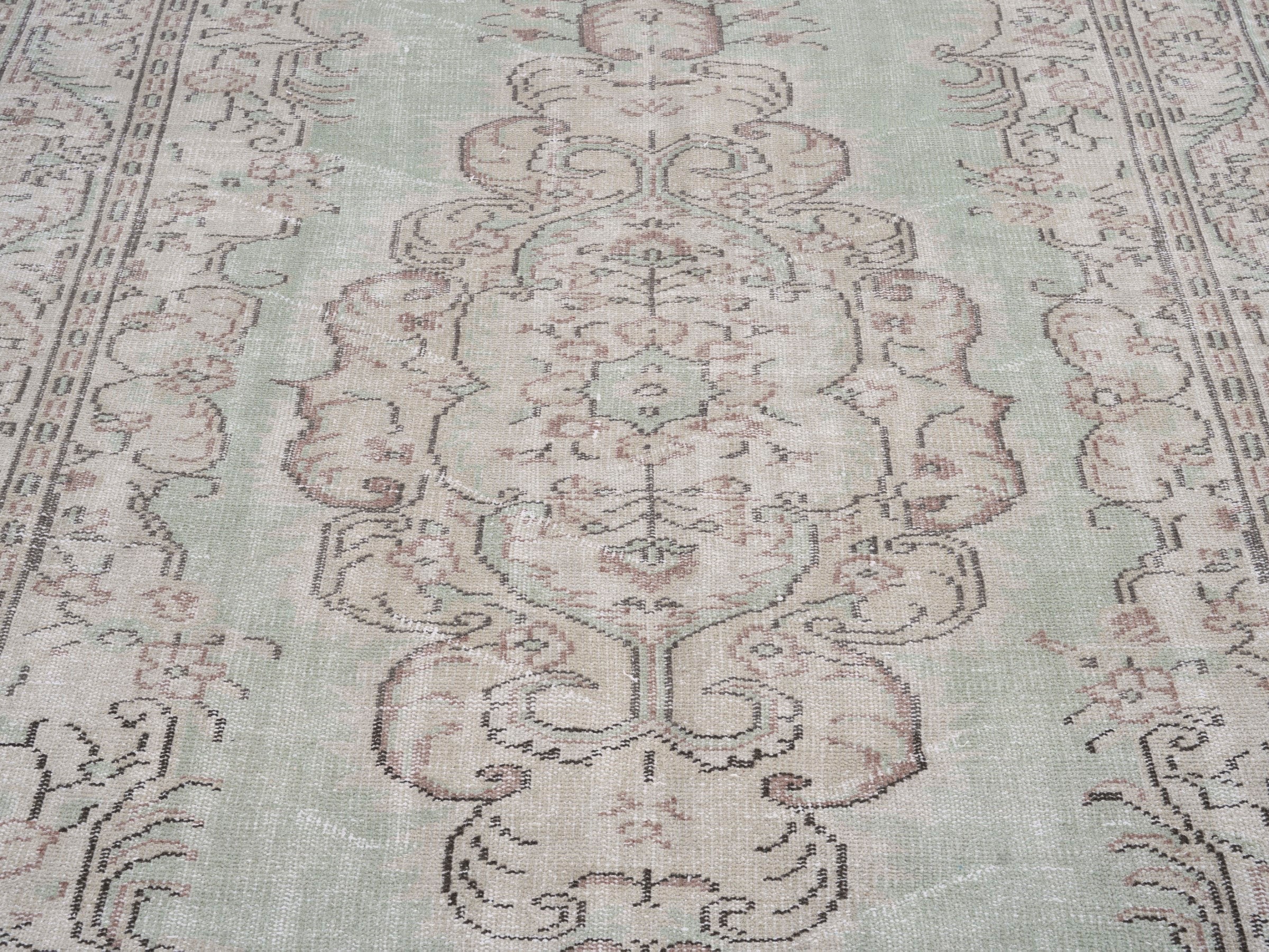 Turkish Manisa area rug in sage and faded red, view 4 of 10