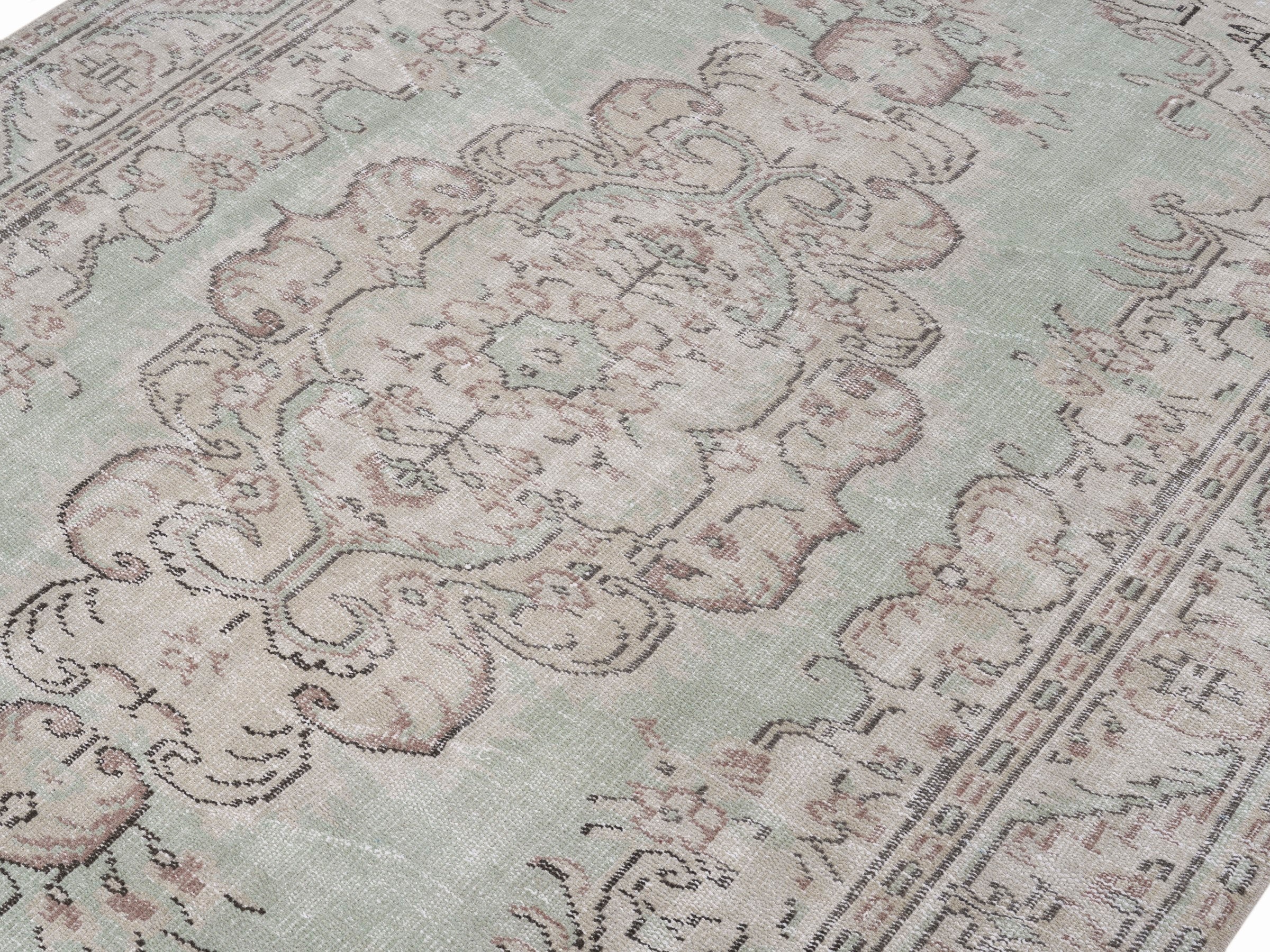 Turkish Manisa area rug in sage and faded red, view 5 of 10