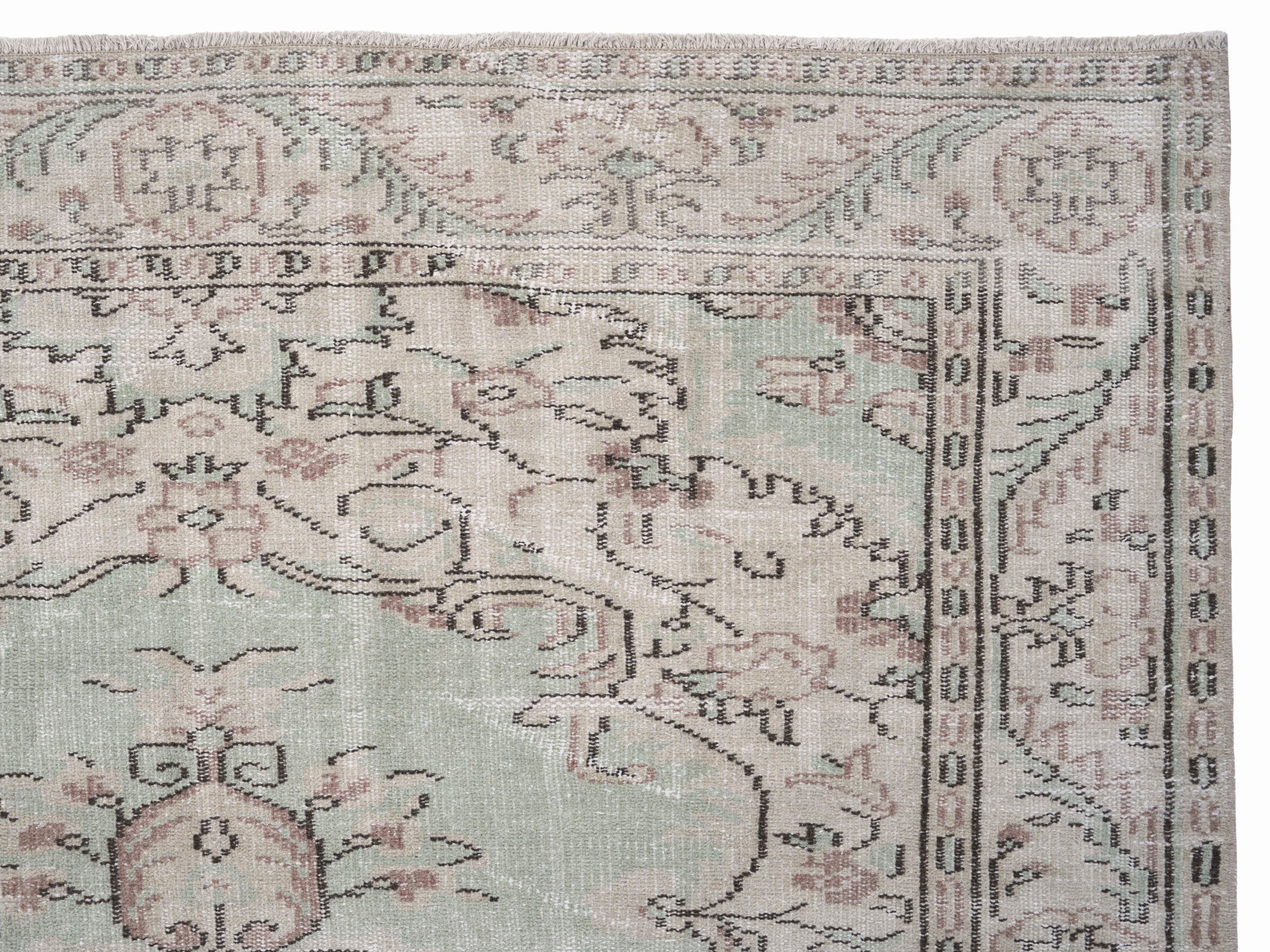 Turkish Manisa area rug in sage and faded red, view 8 of 10